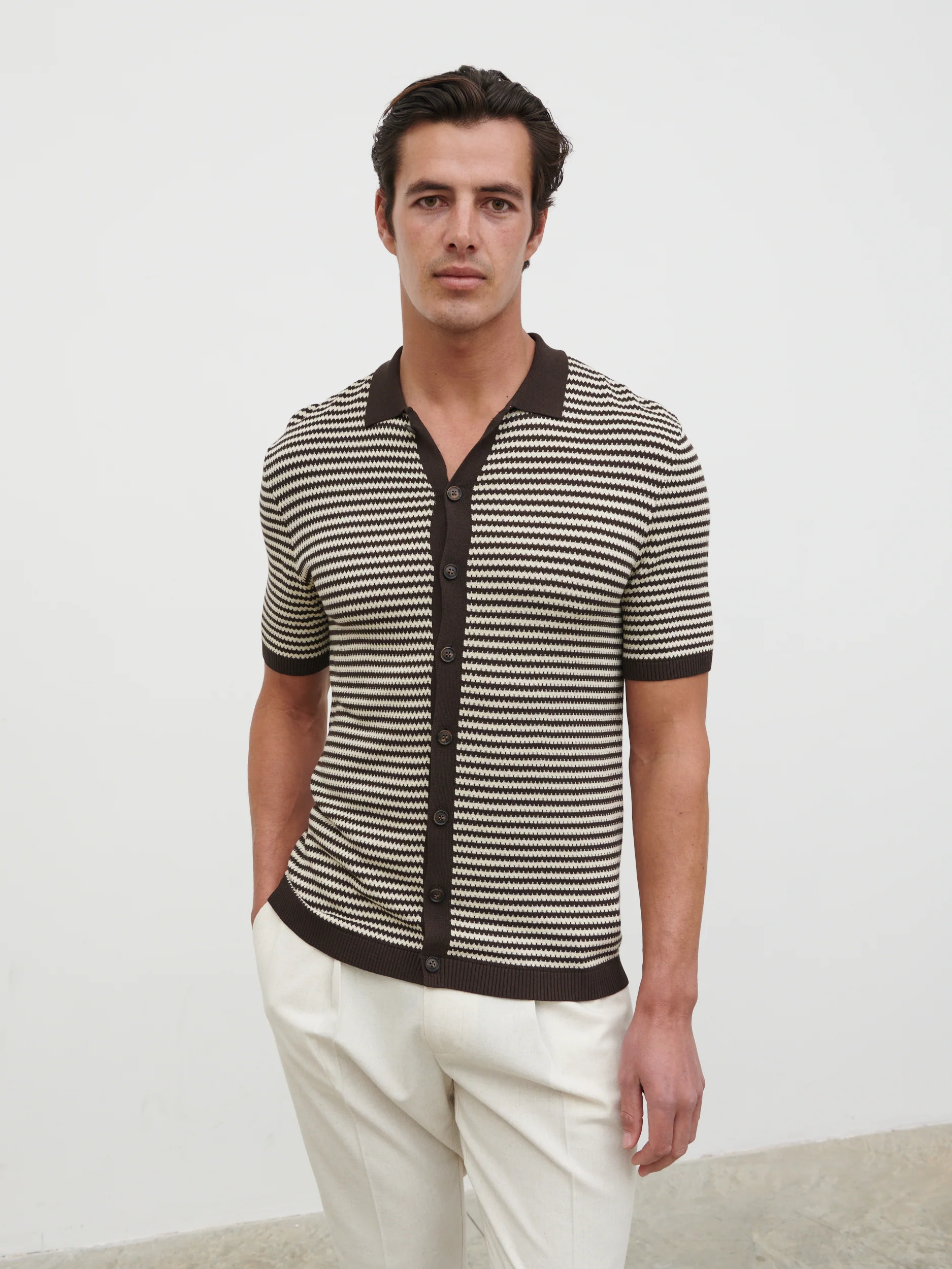 Aidan Knit Shirt - Chocolate Brown and Cream - Image 4