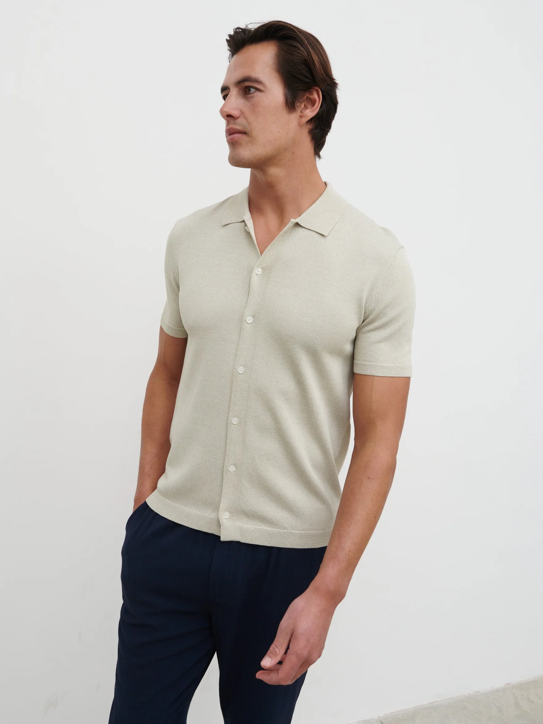 Angus Lightweight Button Down Knitted Shirt - Grey - Image 3