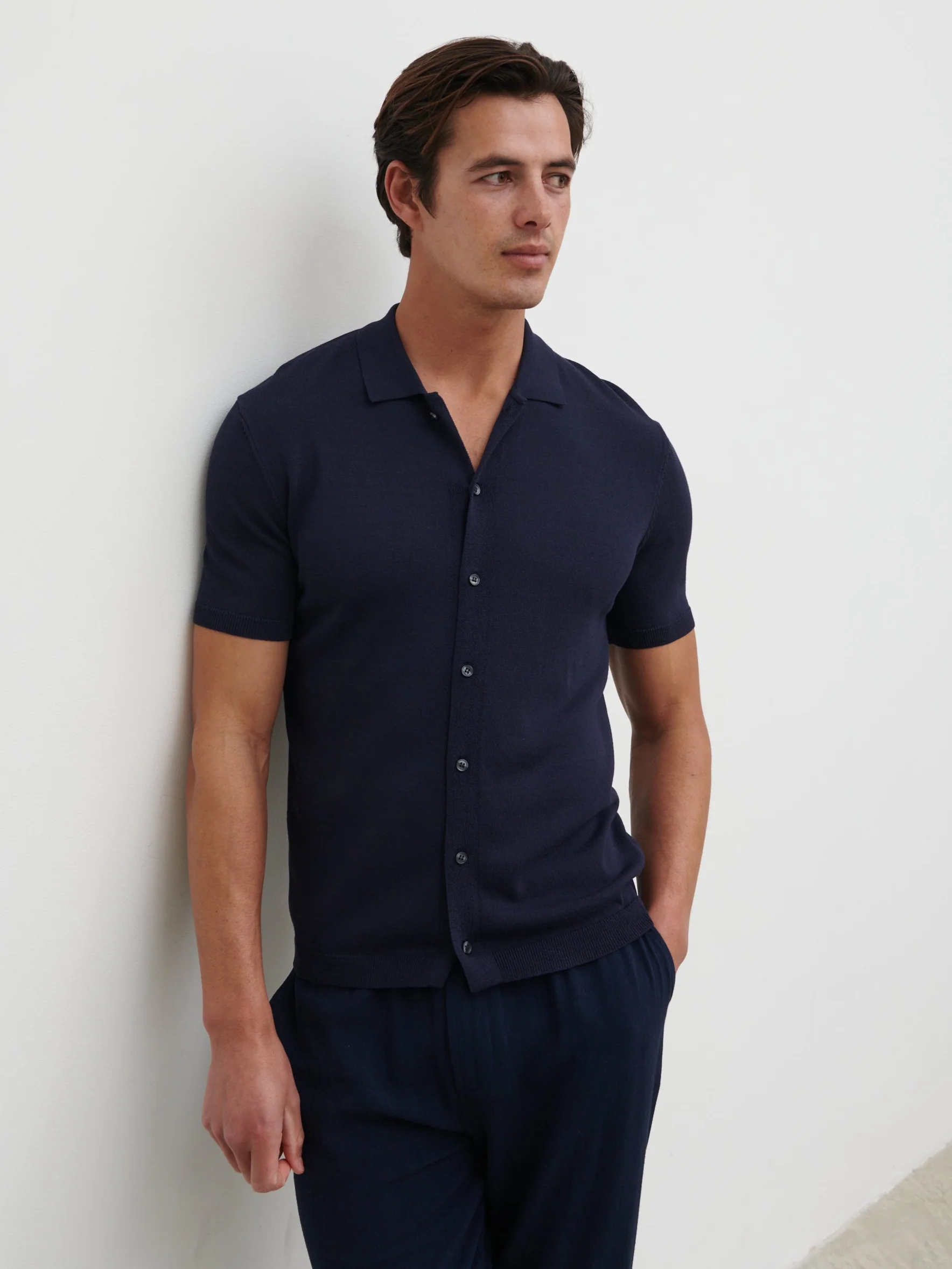 Angus Lightweight Button Down Knitted Shirt - Navy - Image 3