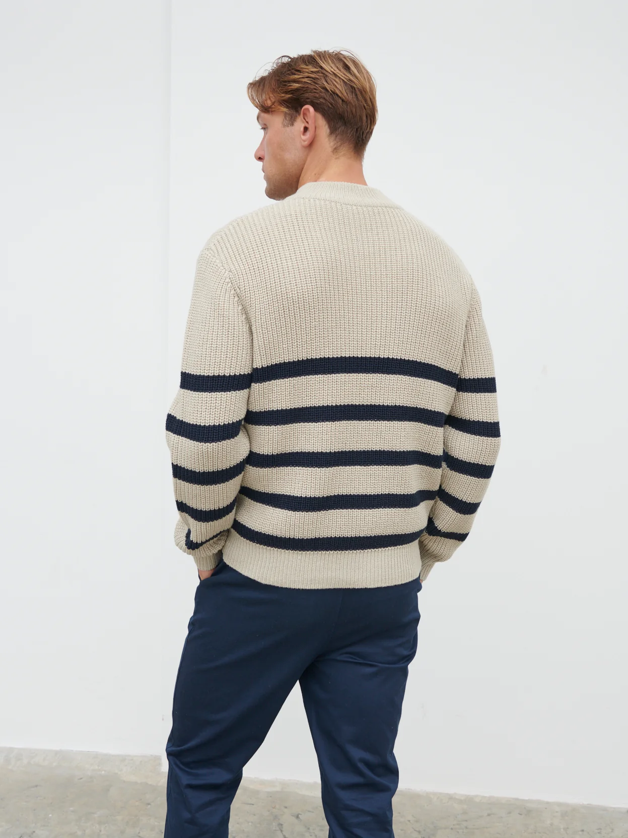 Benjamin Striped Zip Jumper - Stone and Navy - Image 3