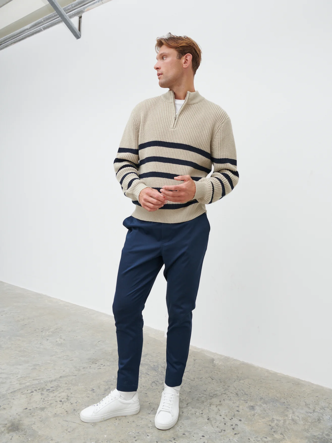Benjamin Striped Zip Jumper - Stone and Navy - Image 4