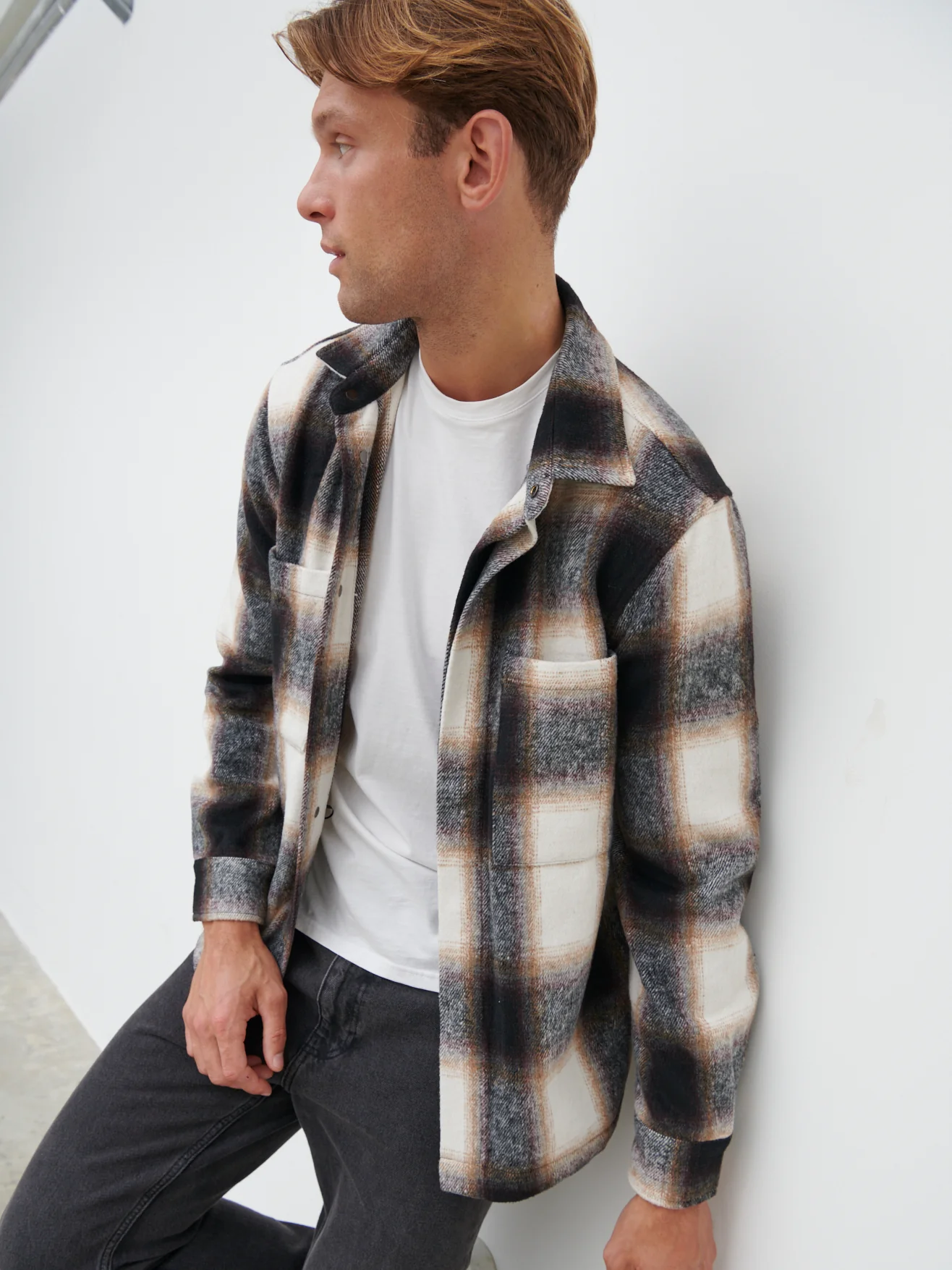 Bill Brushed Overshirt - Grey and Brown Check - Image 3