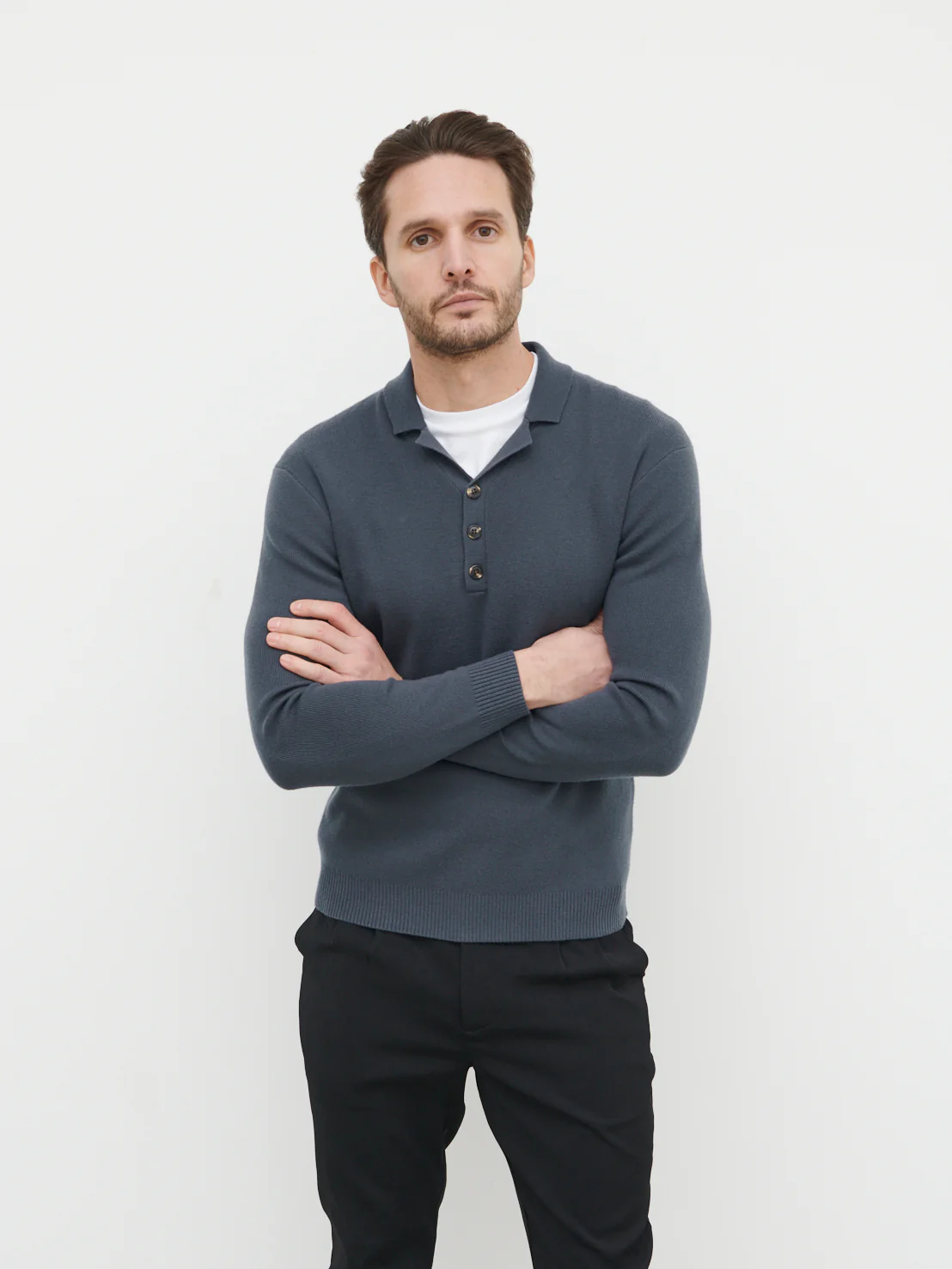 Blake Cuban Collar Knitted Polo - Steel Blue - Image 4