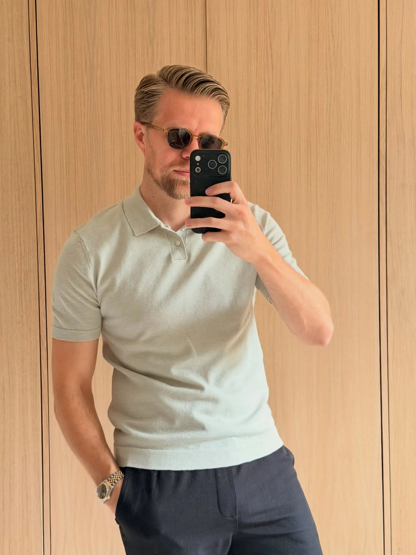 Brax Small Placket Knit Polo Top - Sage Green - Image 2