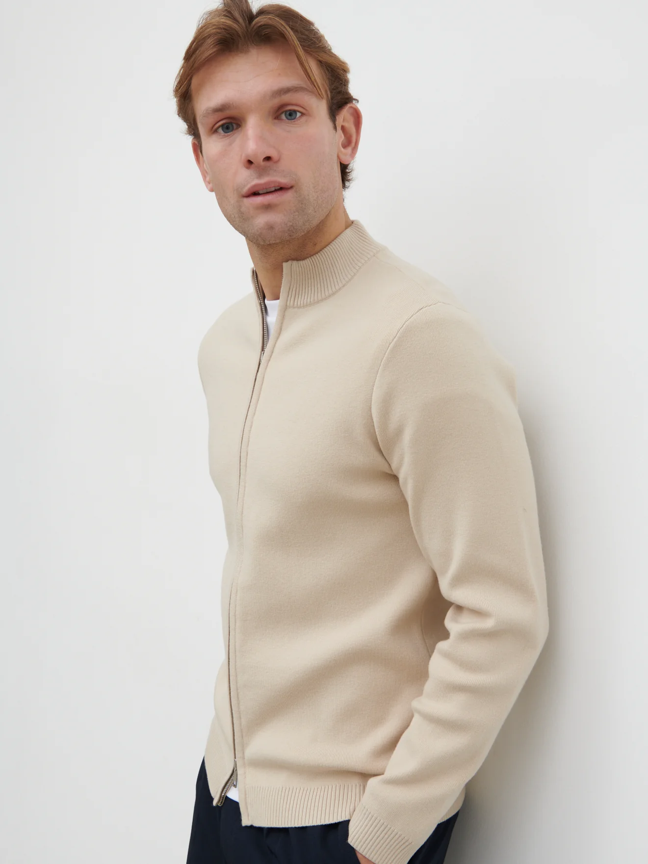 Cayden Funnel Neck Zip Knit Jacket - Stone - Image 3