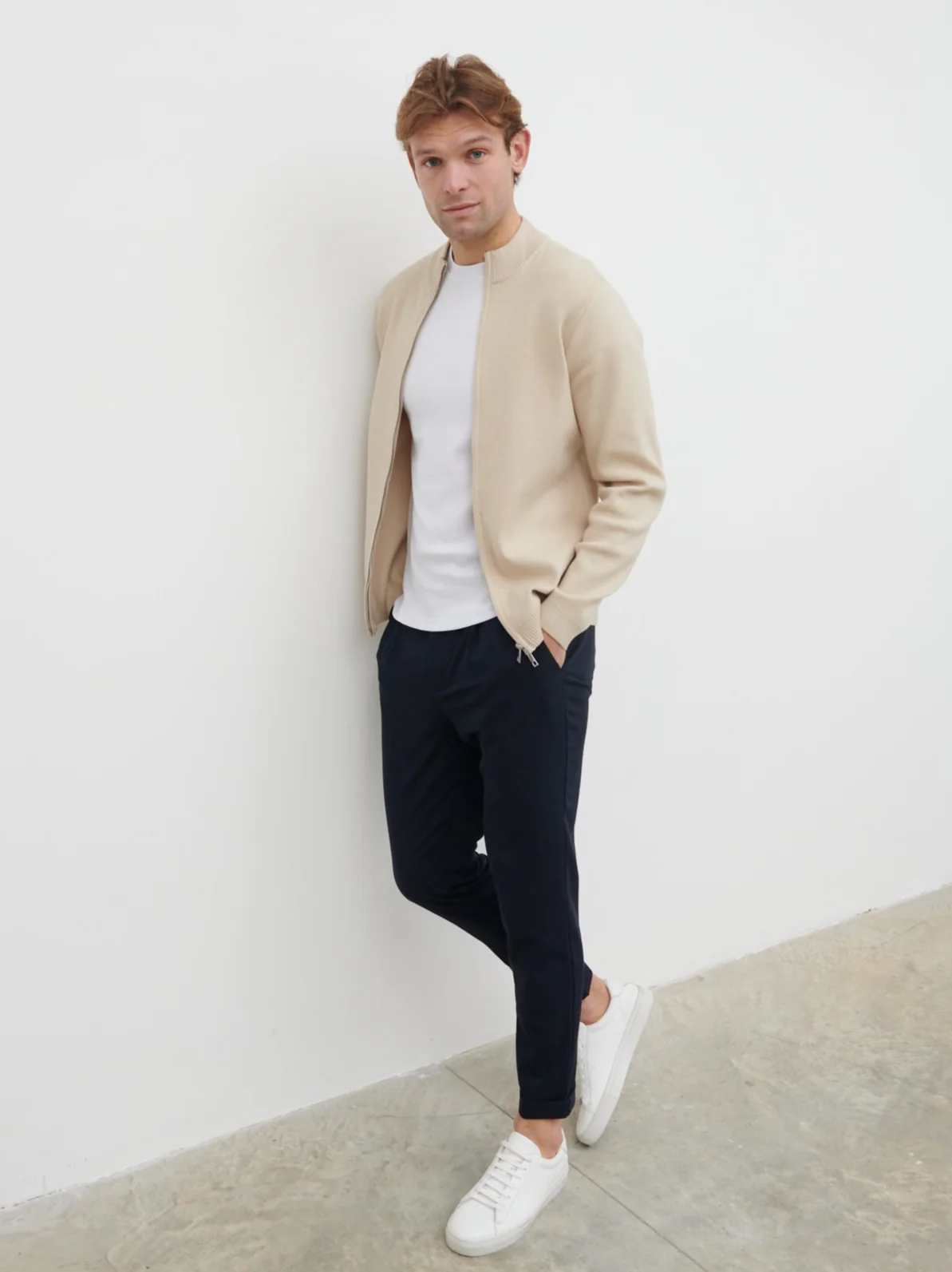 Cayden Funnel Neck Zip Knit Jacket - Stone - Image 5