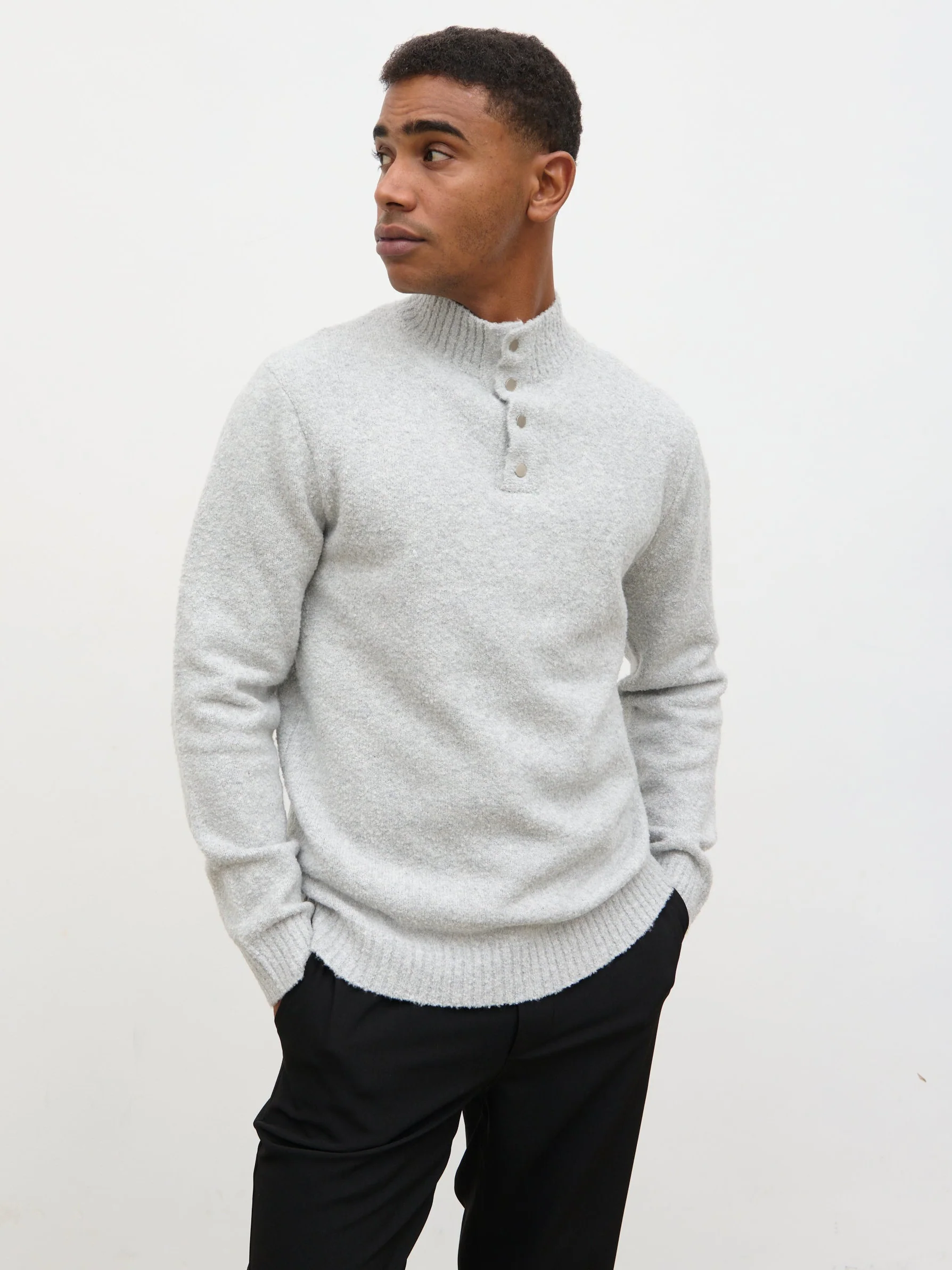 Chanun Boucle Knit Funnel Neck Jumper - Light Grey - Image 3