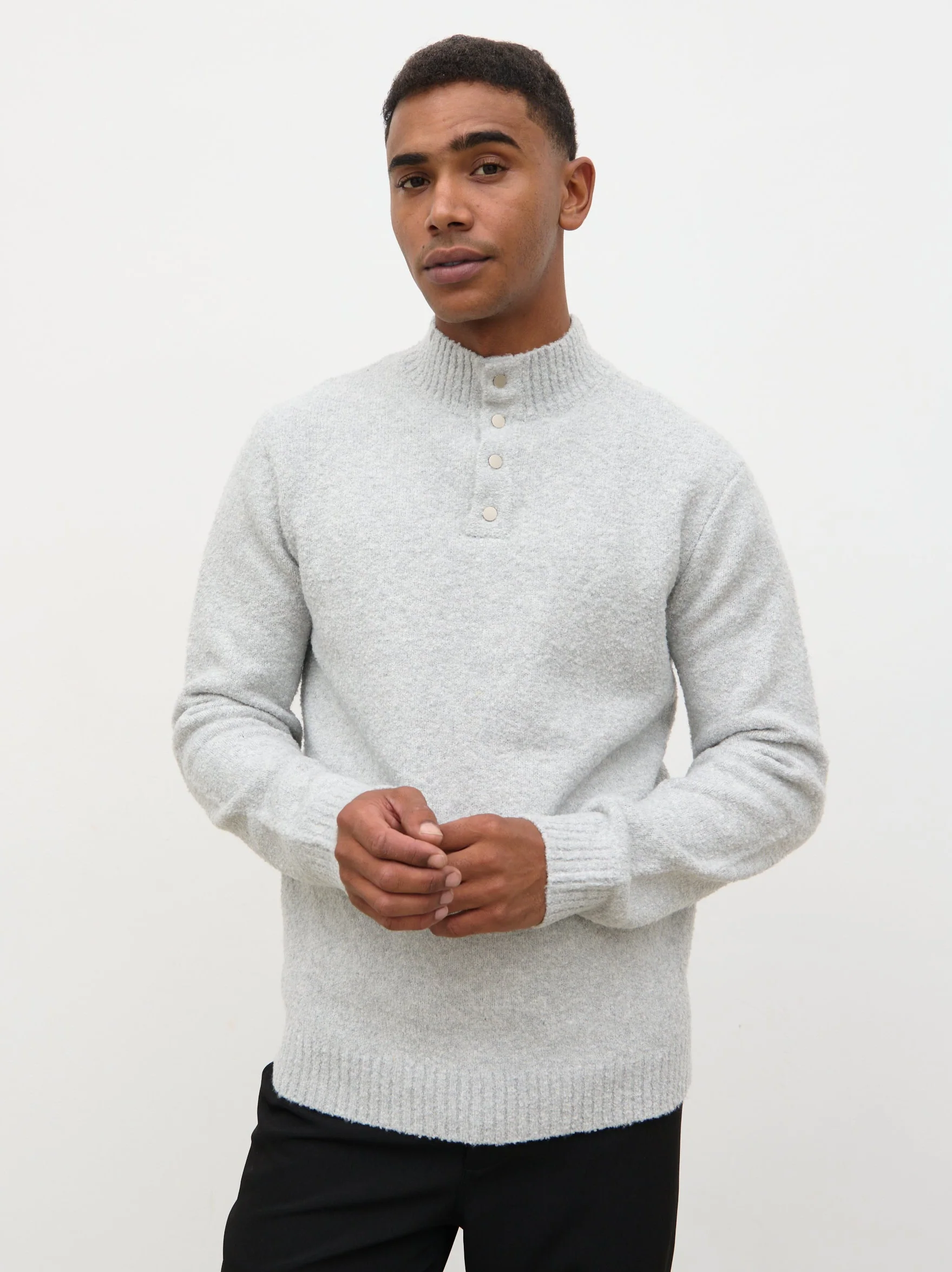 Chanun Boucle Knit Funnel Neck Jumper - Light Grey - Image 6