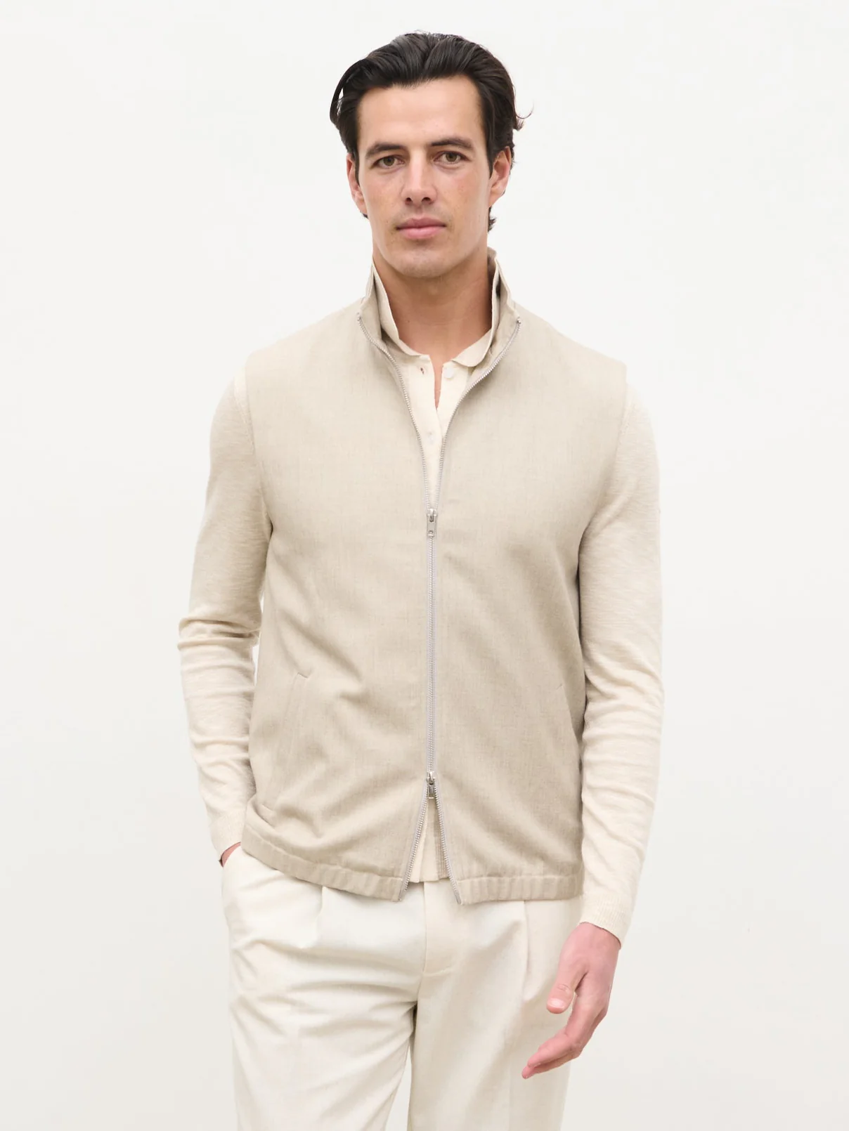 Clarke Double Zipper Gilet - Beige - Image 3