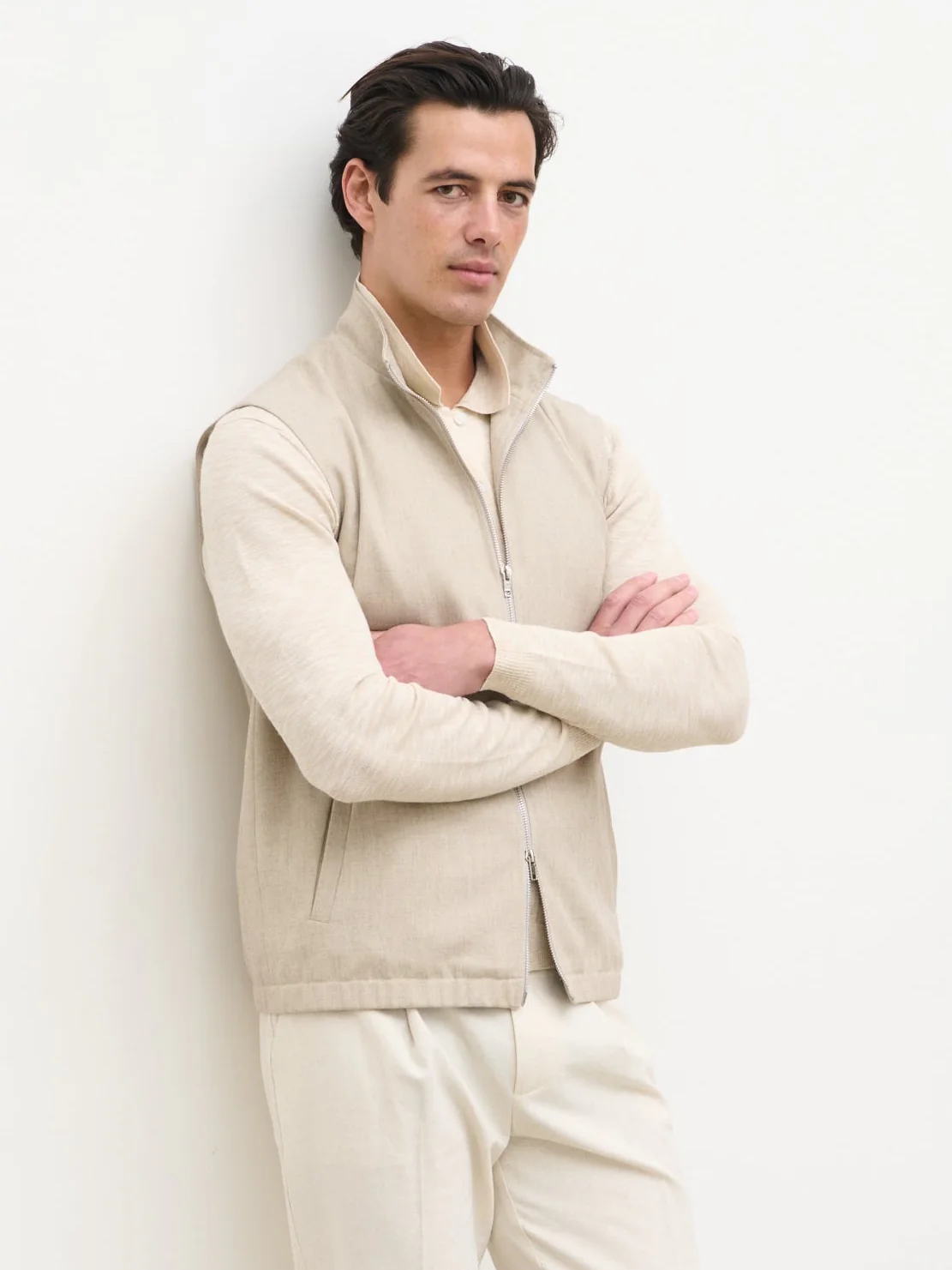 Clarke Double Zipper Gilet - Beige - Image 5
