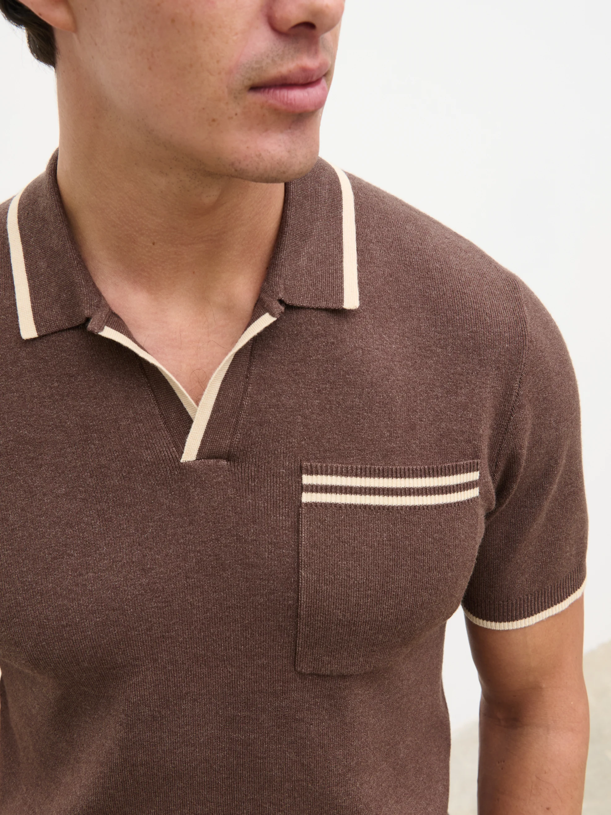 Emerson Tipped Open Collar Knit Polo - Brown and Stone - Image 5