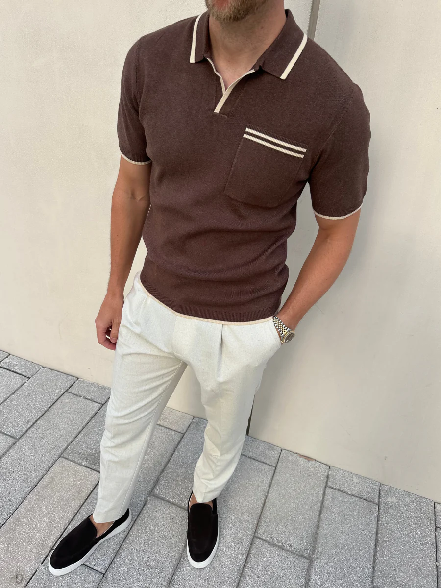 Emerson Tipped Open Collar Knit Polo - Brown and Stone - Image 6