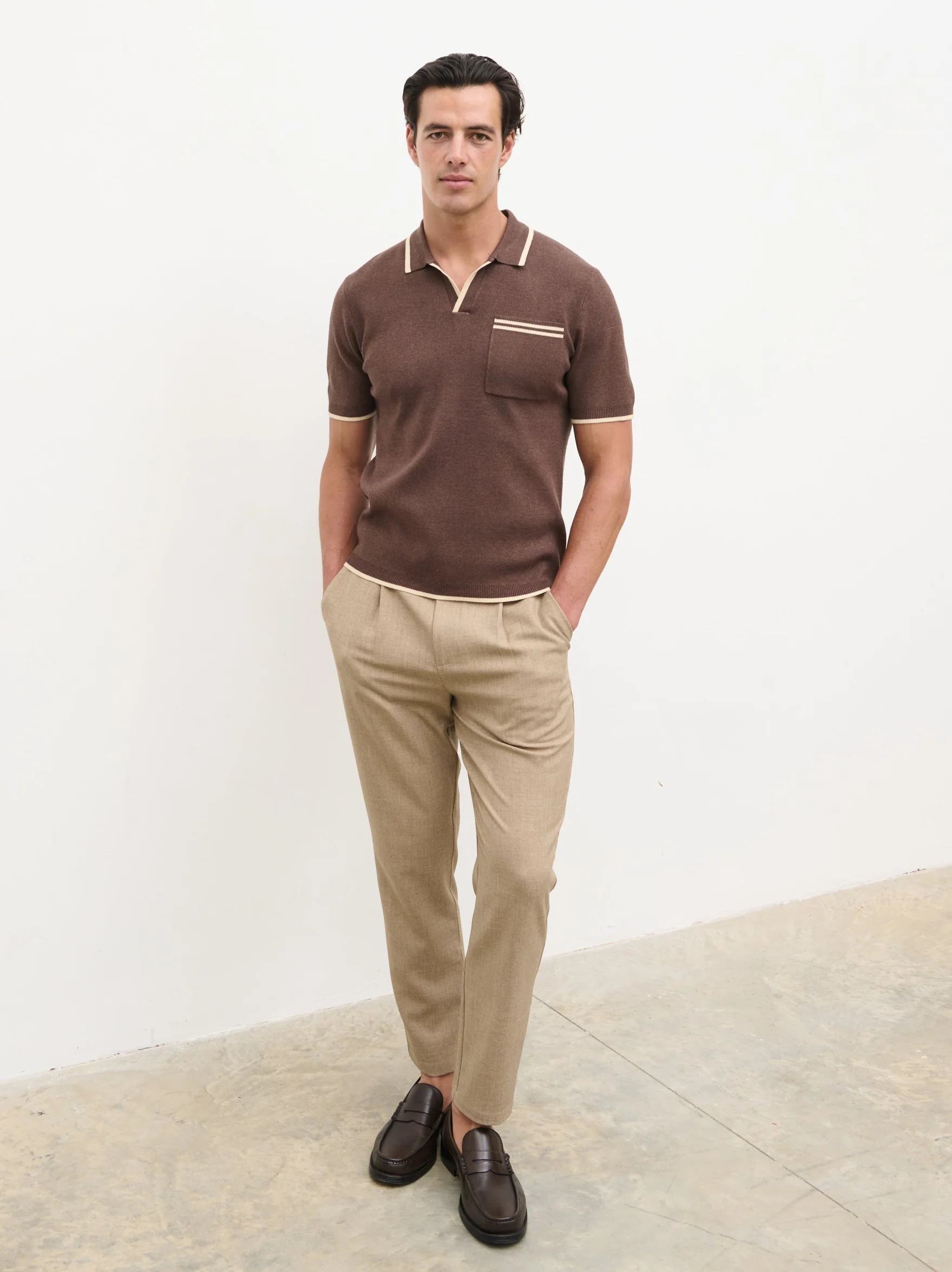 Emerson Tipped Open Collar Knit Polo - Brown and Stone - Image 7