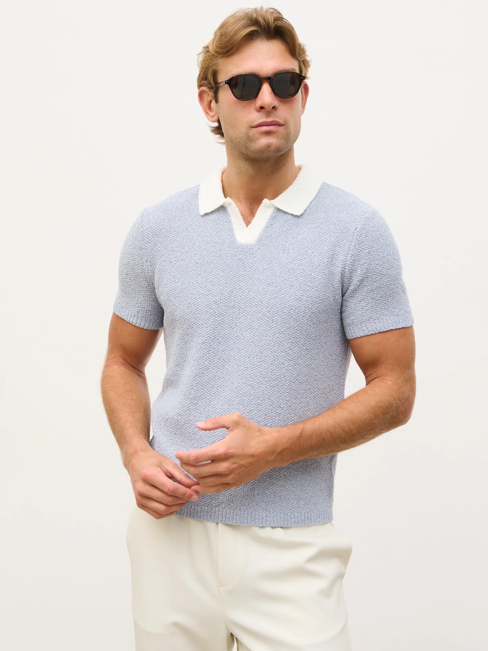 Hugo Oversized Open Collar Knit Polo - Blue and White - Image 4