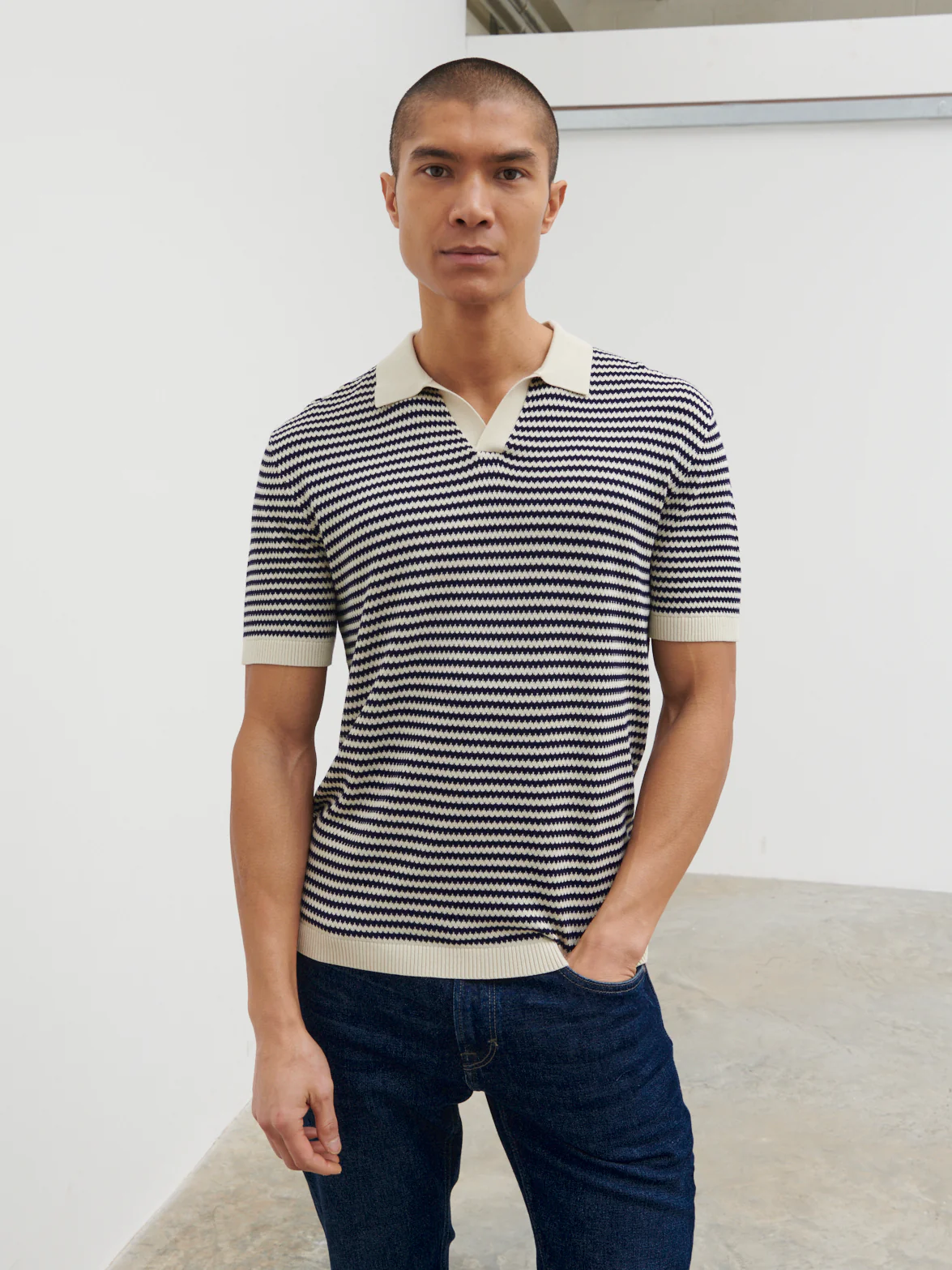Jacob Stripe Knit Polo - Navy and Cream - Image 10