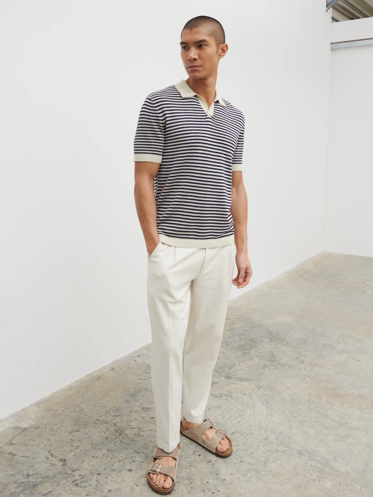 Jacob Stripe Knit Polo - Navy and Cream - Image 3