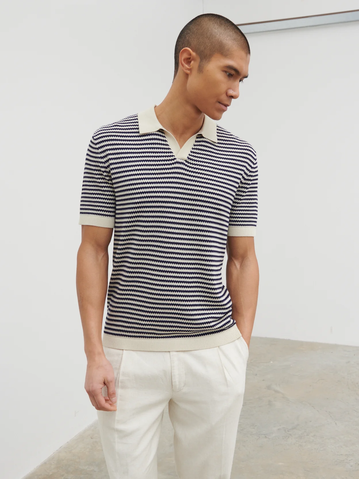Jacob Stripe Knit Polo - Navy and Cream - Image 5