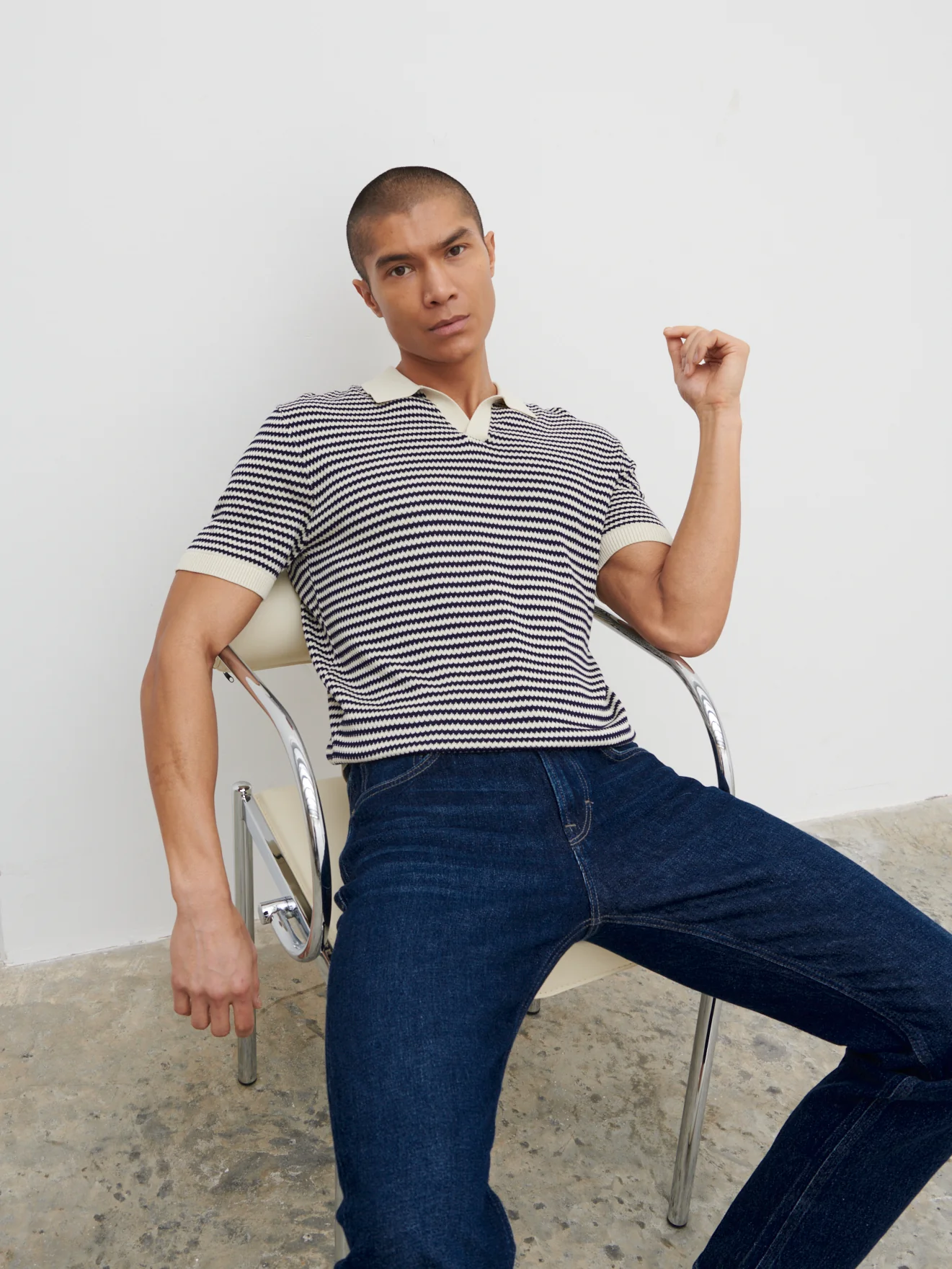 Jacob Stripe Knit Polo - Navy and Cream - Image 7