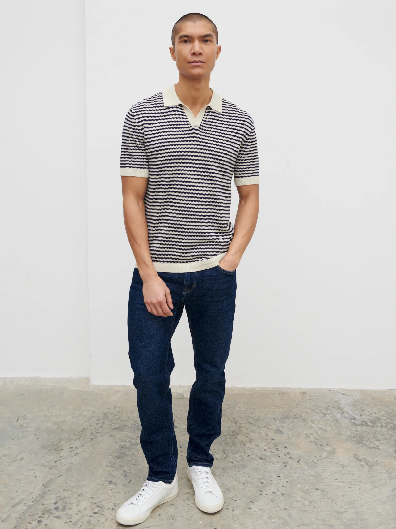 Jacob Stripe Knit Polo - Navy and Cream - Image 8