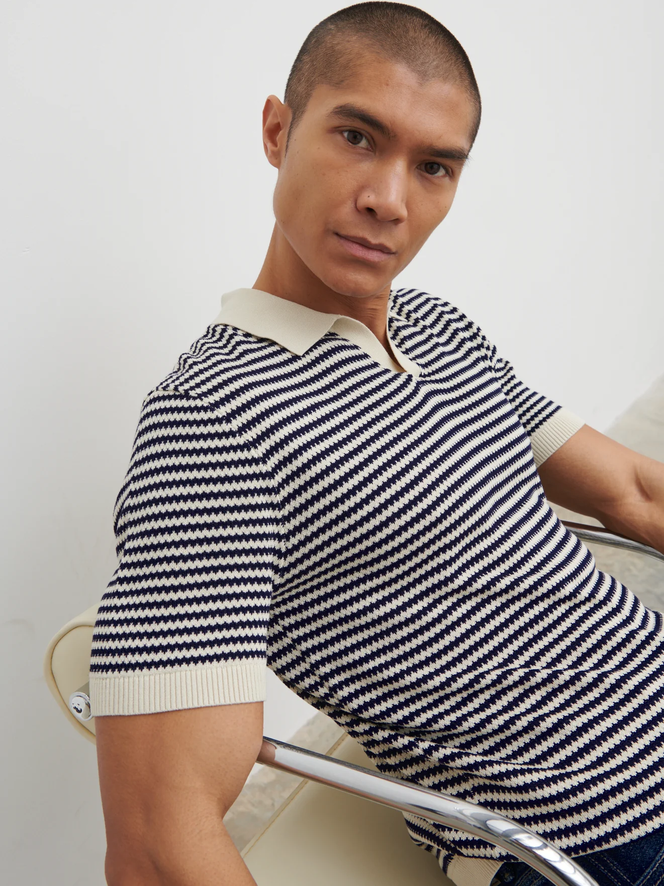 Jacob Stripe Knit Polo - Navy and Cream - Image 9
