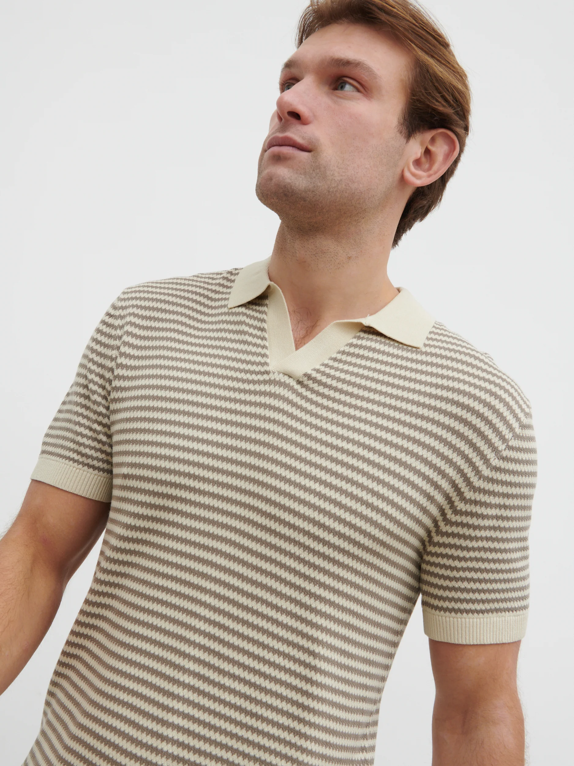 Jacob Stripe Knit Polo - Taupe and Cream - Image 3