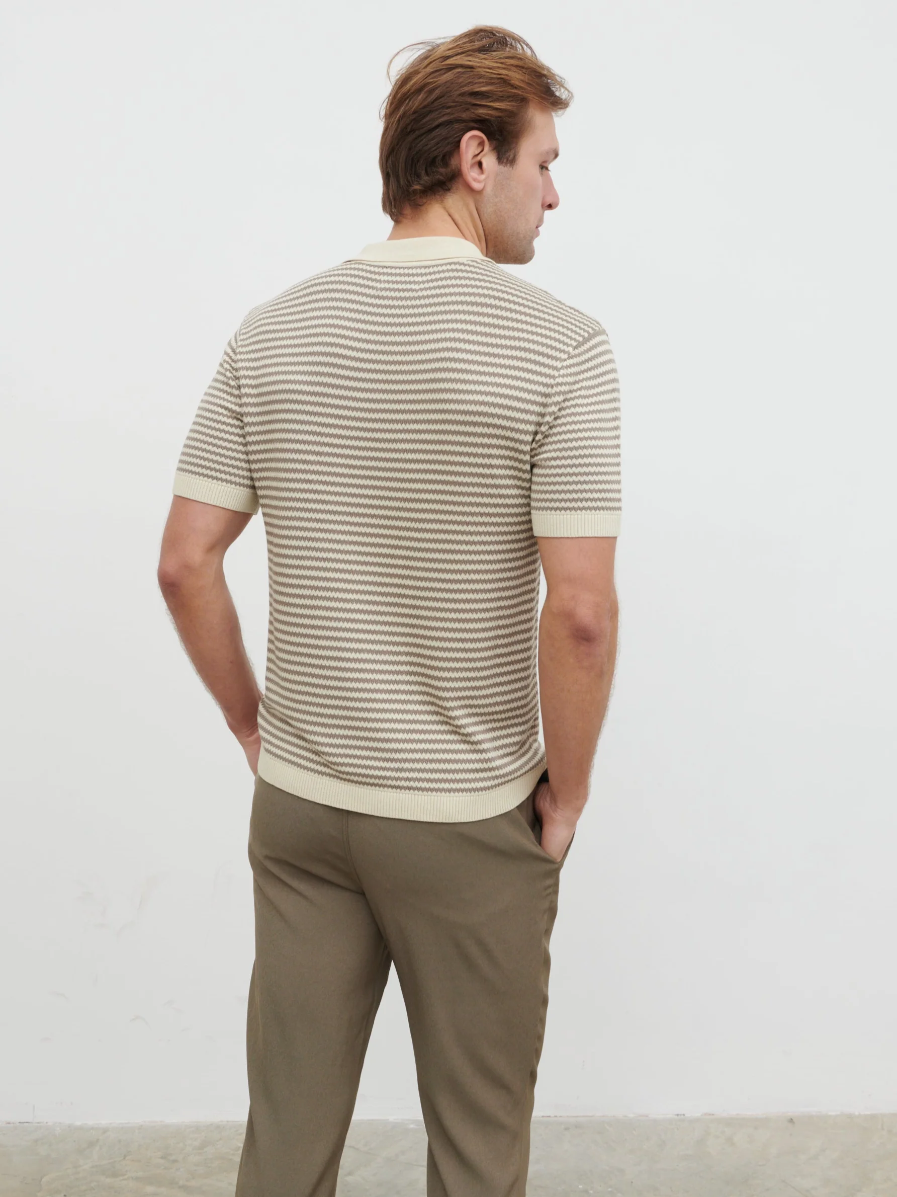 Jacob Stripe Knit Polo - Taupe and Cream - Image 6