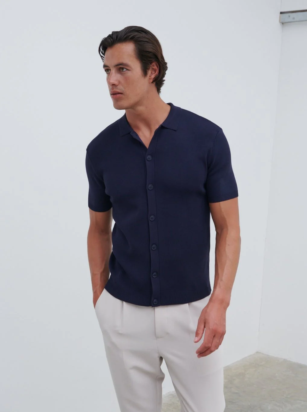 Jasper Button Down Knitted Shirt - Navy - Image 3