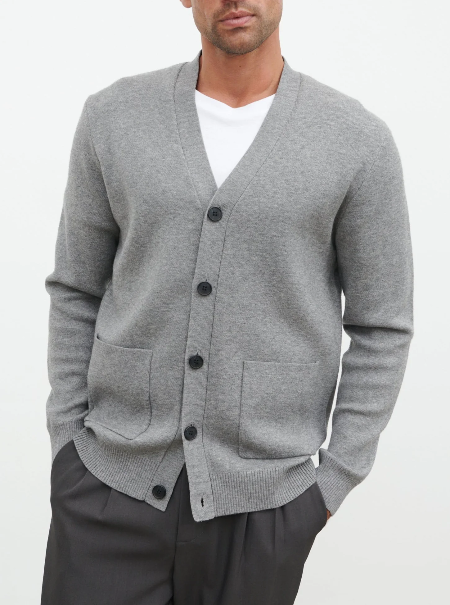 Kian Collarless Pocket Knit Cardigan - Charcoal