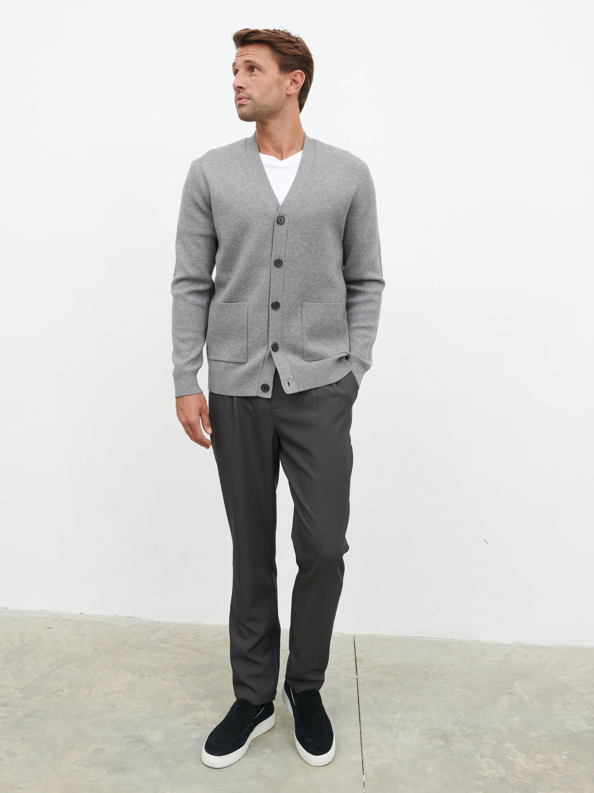 Kian Collarless Pocket Knit Cardigan - Charcoal - Image 2