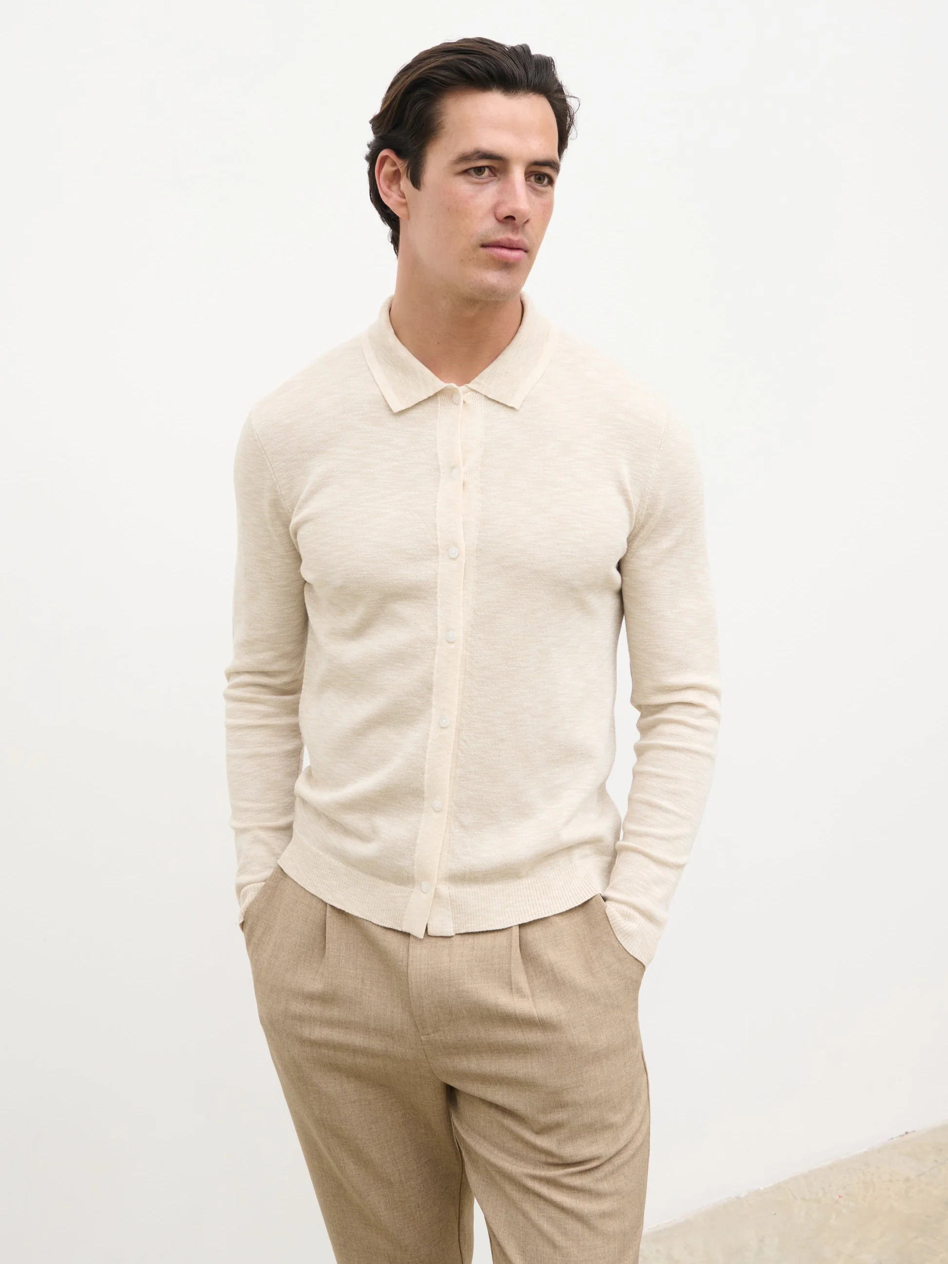 Koda Button Down Tipped Knit Shirt - Beige - Image 2