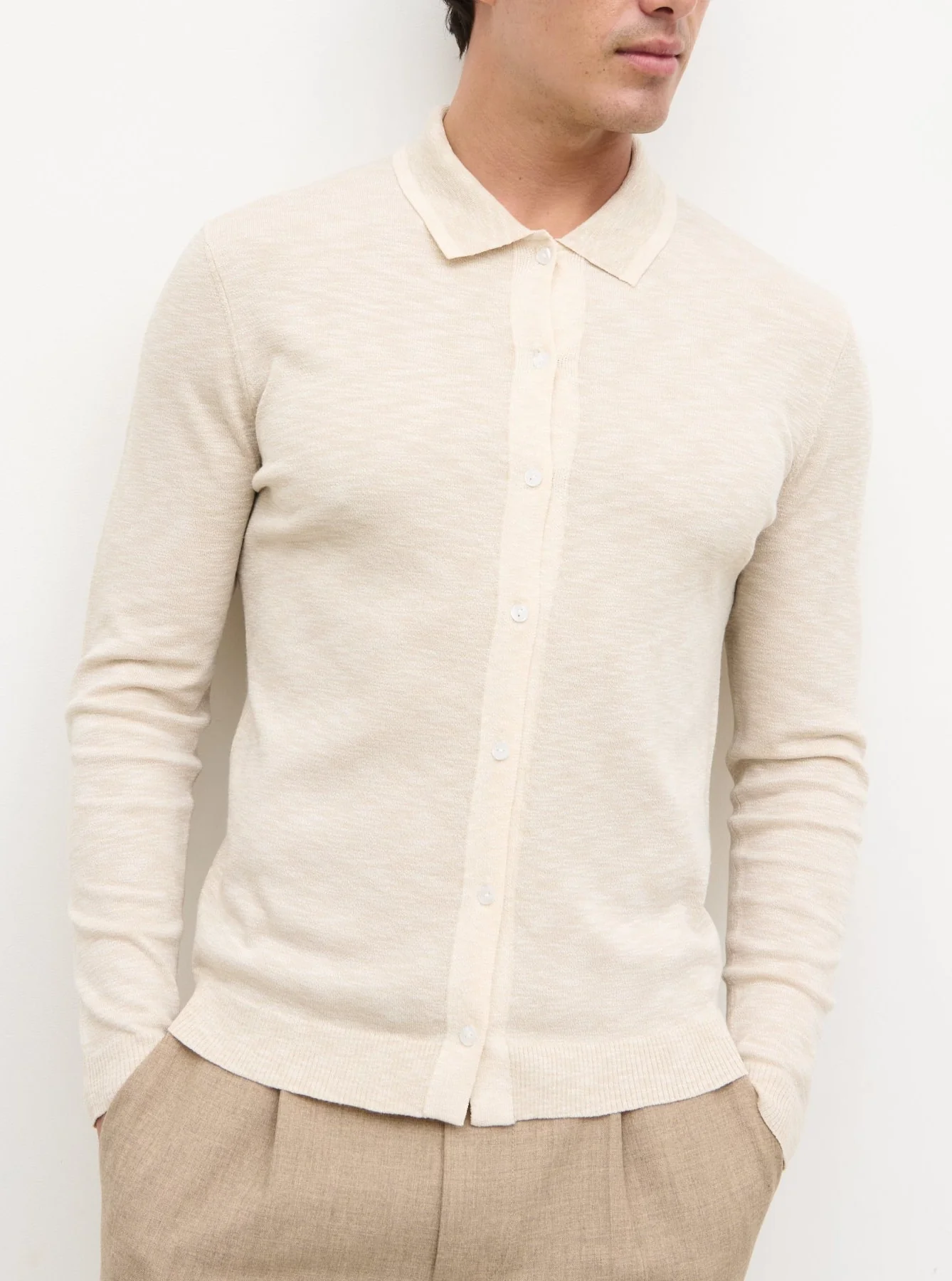 Koda Button Down Tipped Knit Shirt - Beige - Image 4