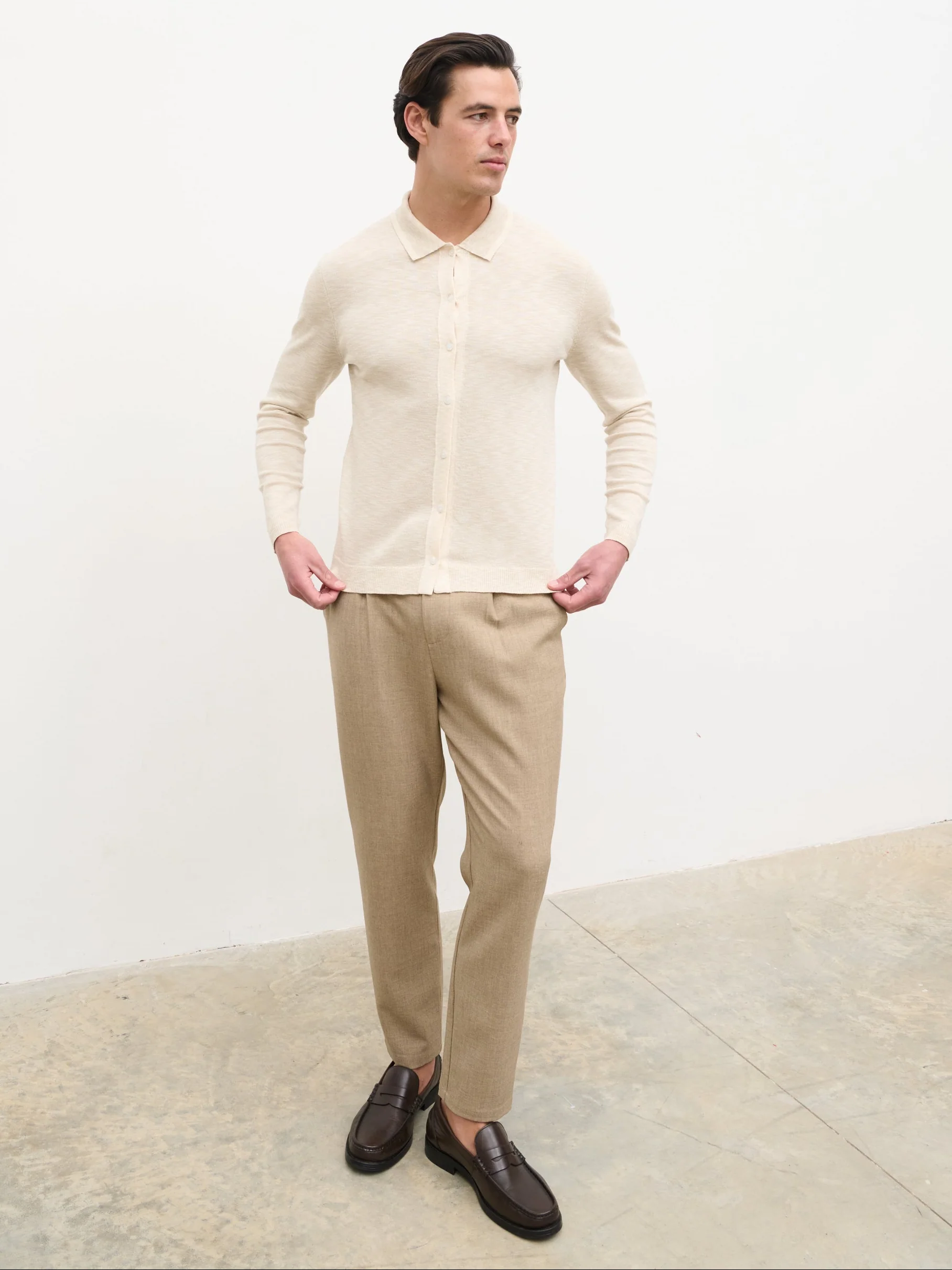 Koda Button Down Tipped Knit Shirt - Beige - Image 5