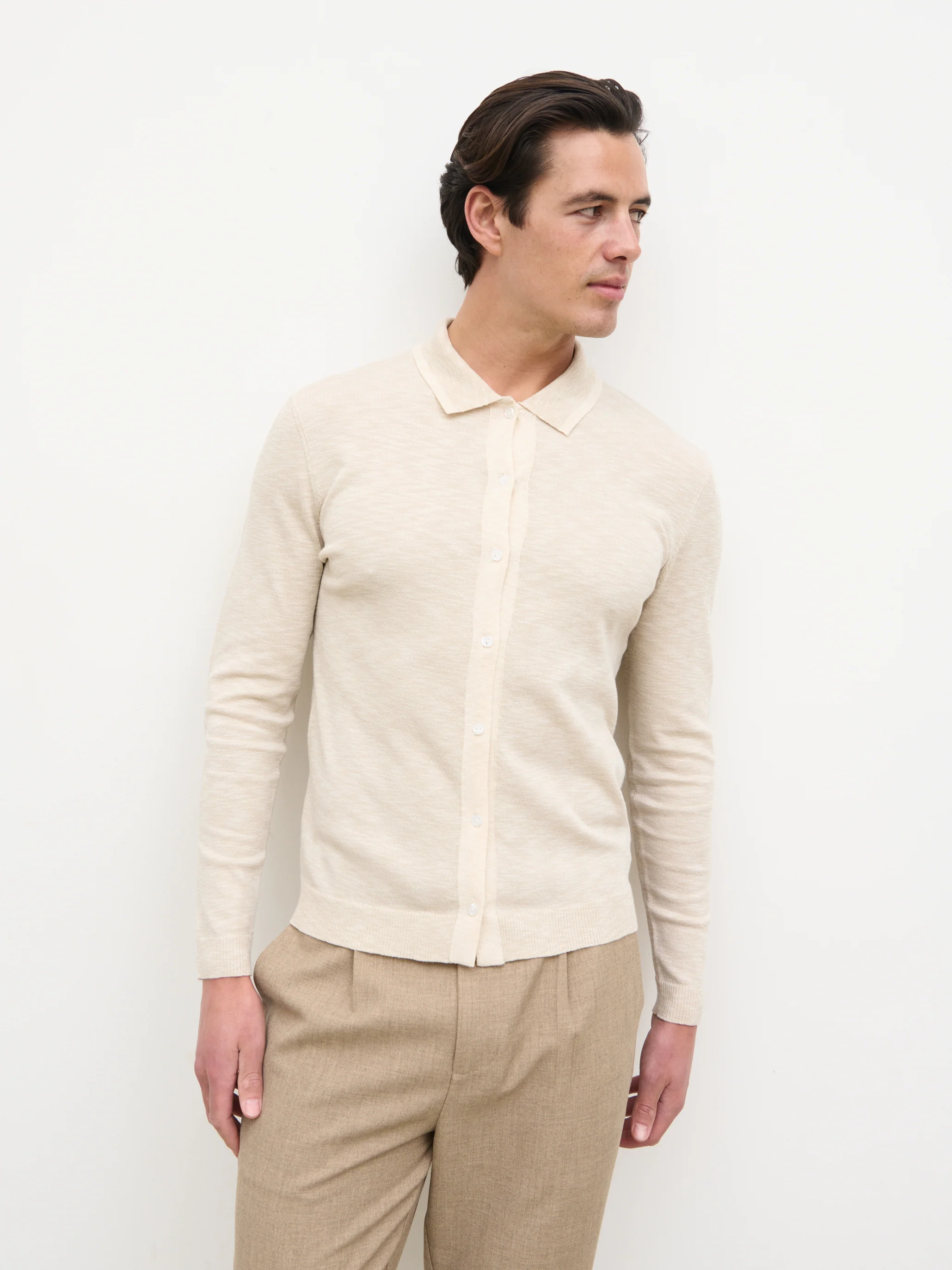 Koda Button Down Tipped Knit Shirt - Beige - Image 6
