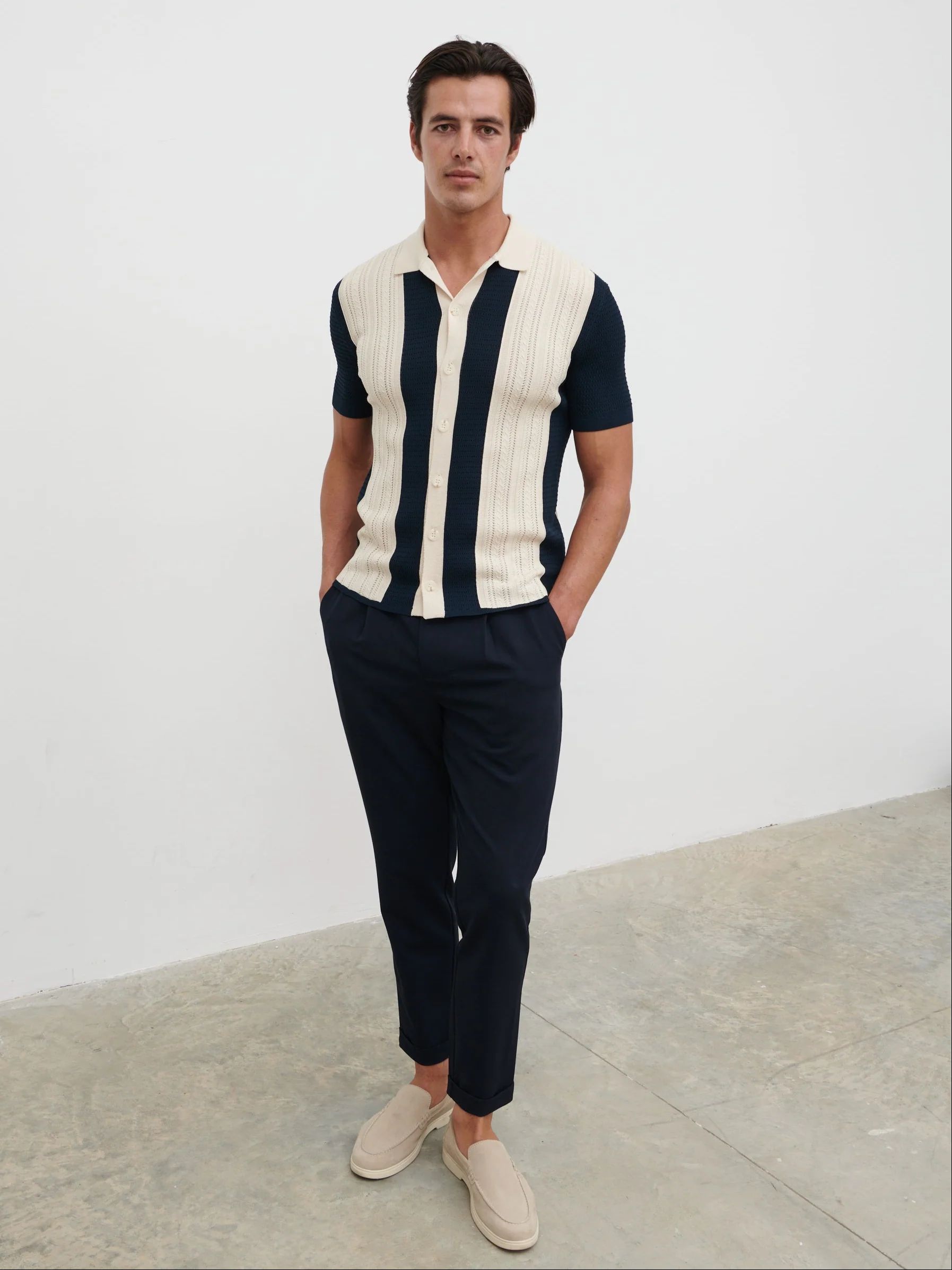 Kyle Contrast Stripe Button Down Knitted Shirt - Navy & Cream - Image 3