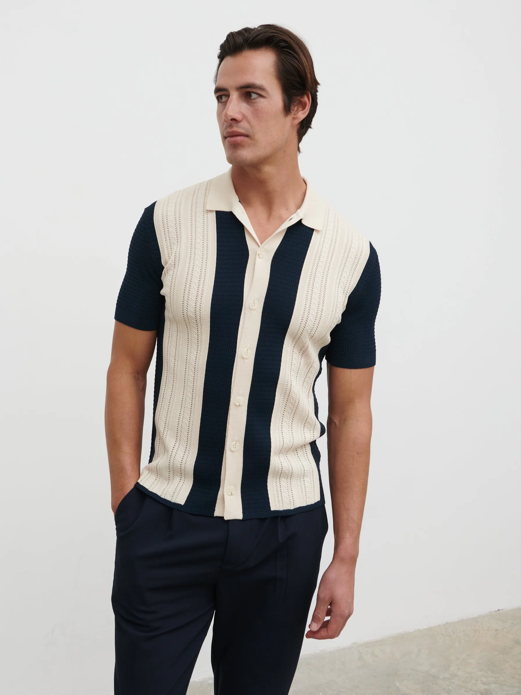 Kyle Contrast Stripe Button Down Knitted Shirt - Navy & Cream - Image 5