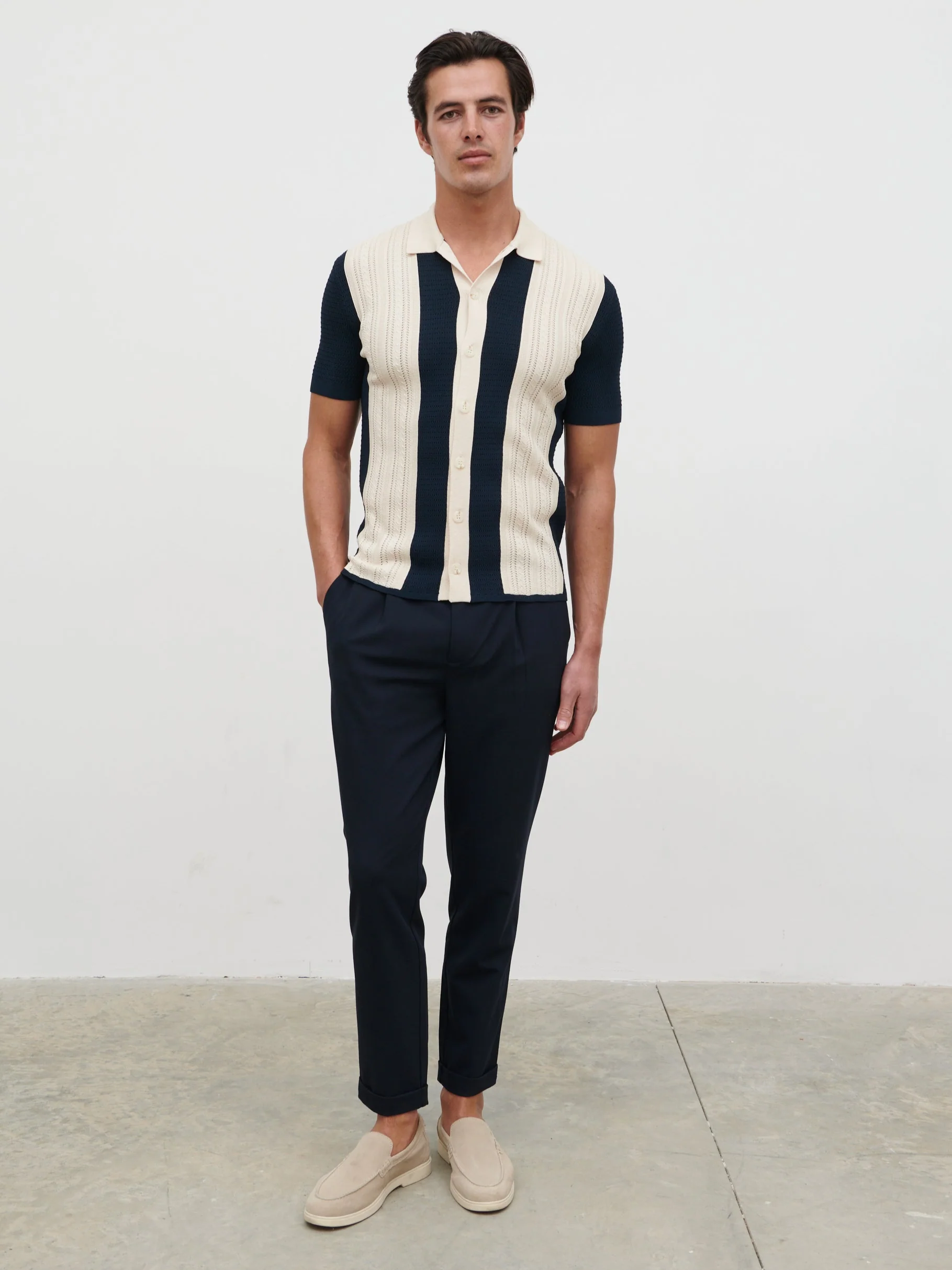 Kyle Contrast Stripe Button Down Knitted Shirt - Navy & Cream - Image 6