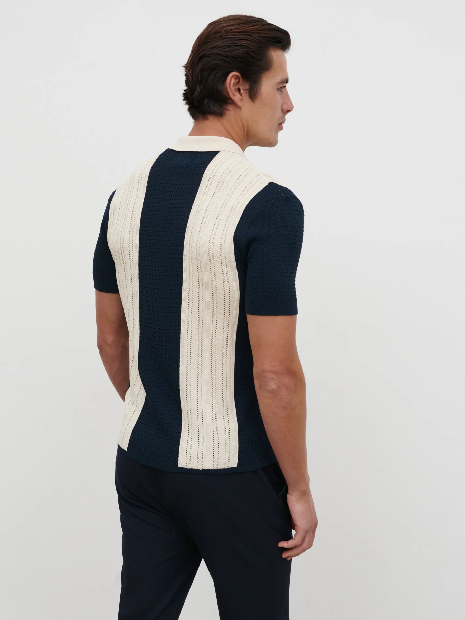 Kyle Contrast Stripe Button Down Knitted Shirt - Navy & Cream - Image 7