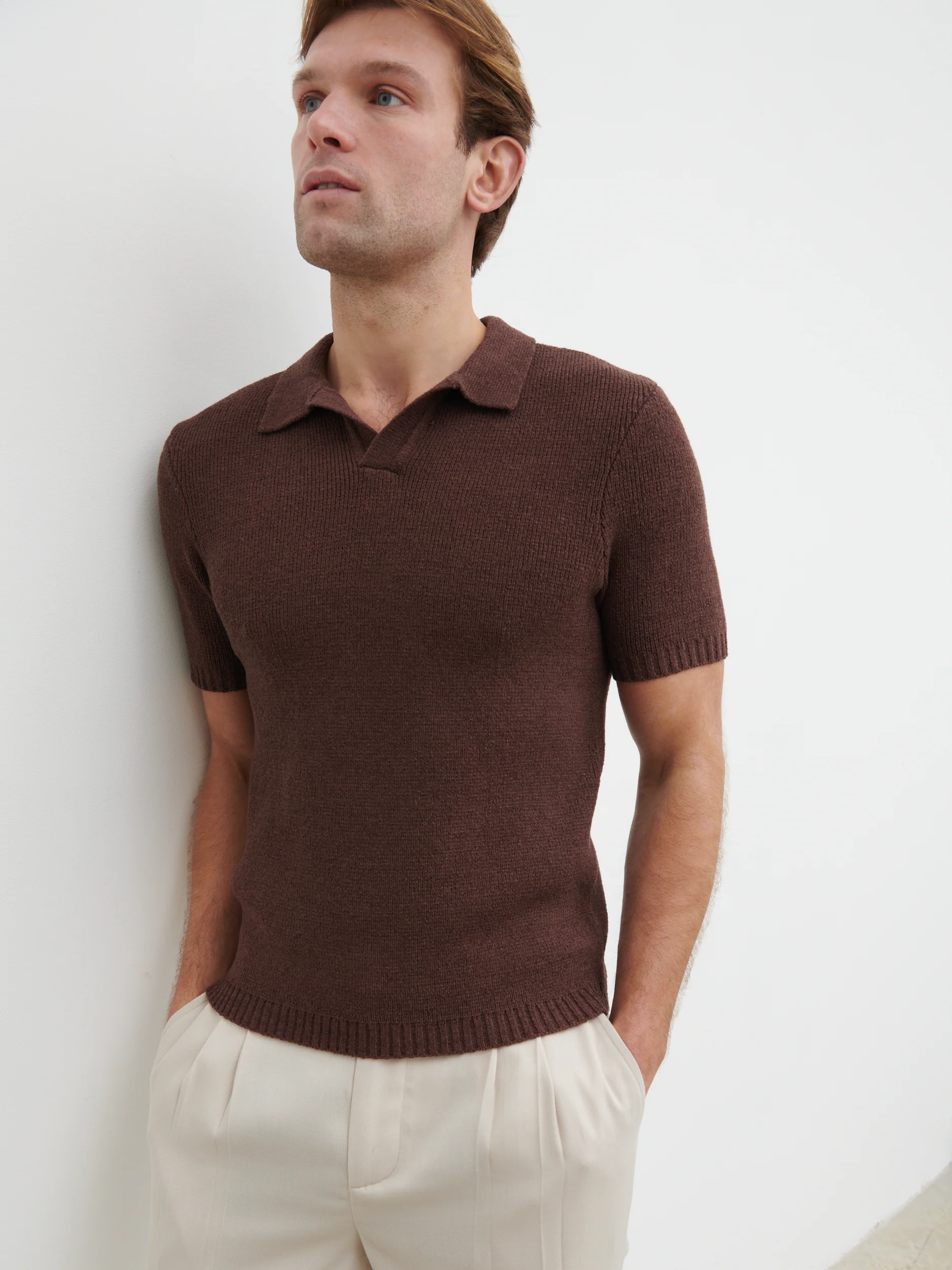 Mason Fine Tape Knit Polo - Chocolate Brown - Image 3