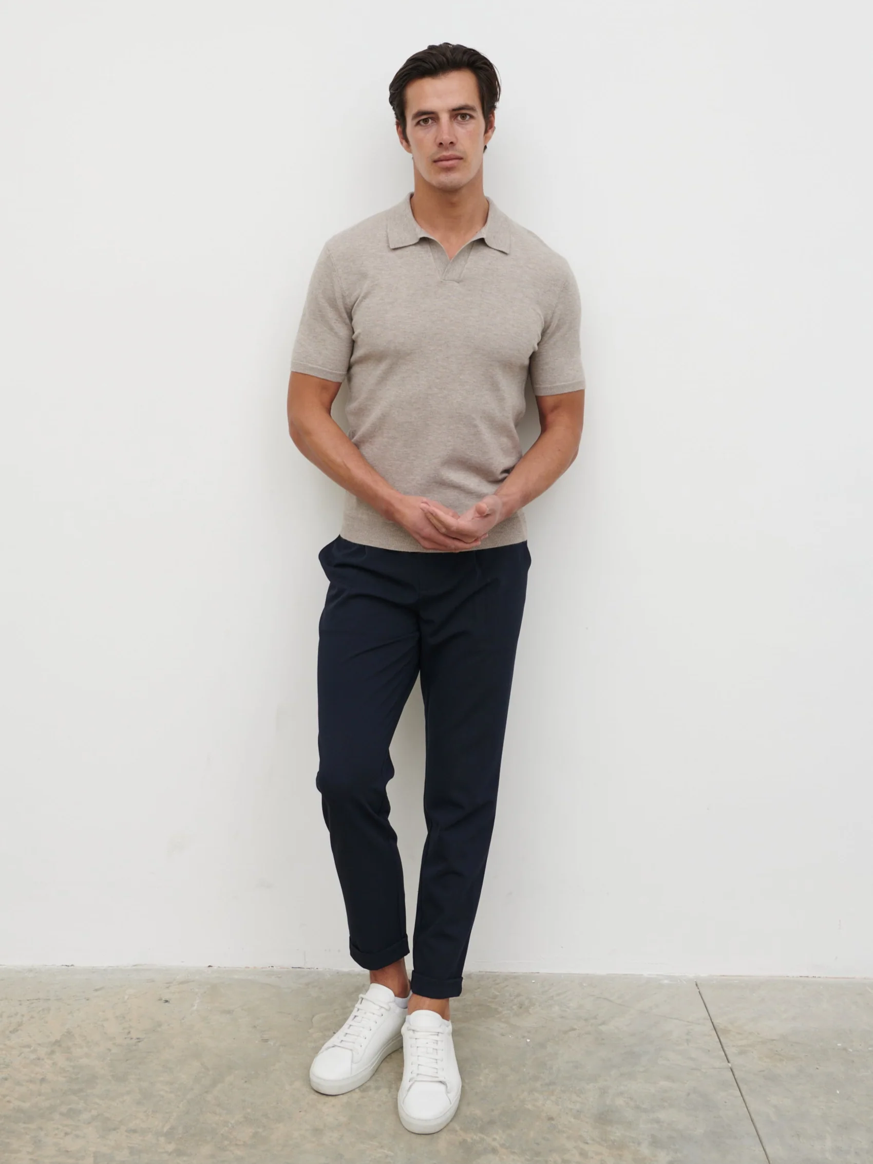 Matthew Open Collar Lightweight Knit Polo - Mushroom - Image 3