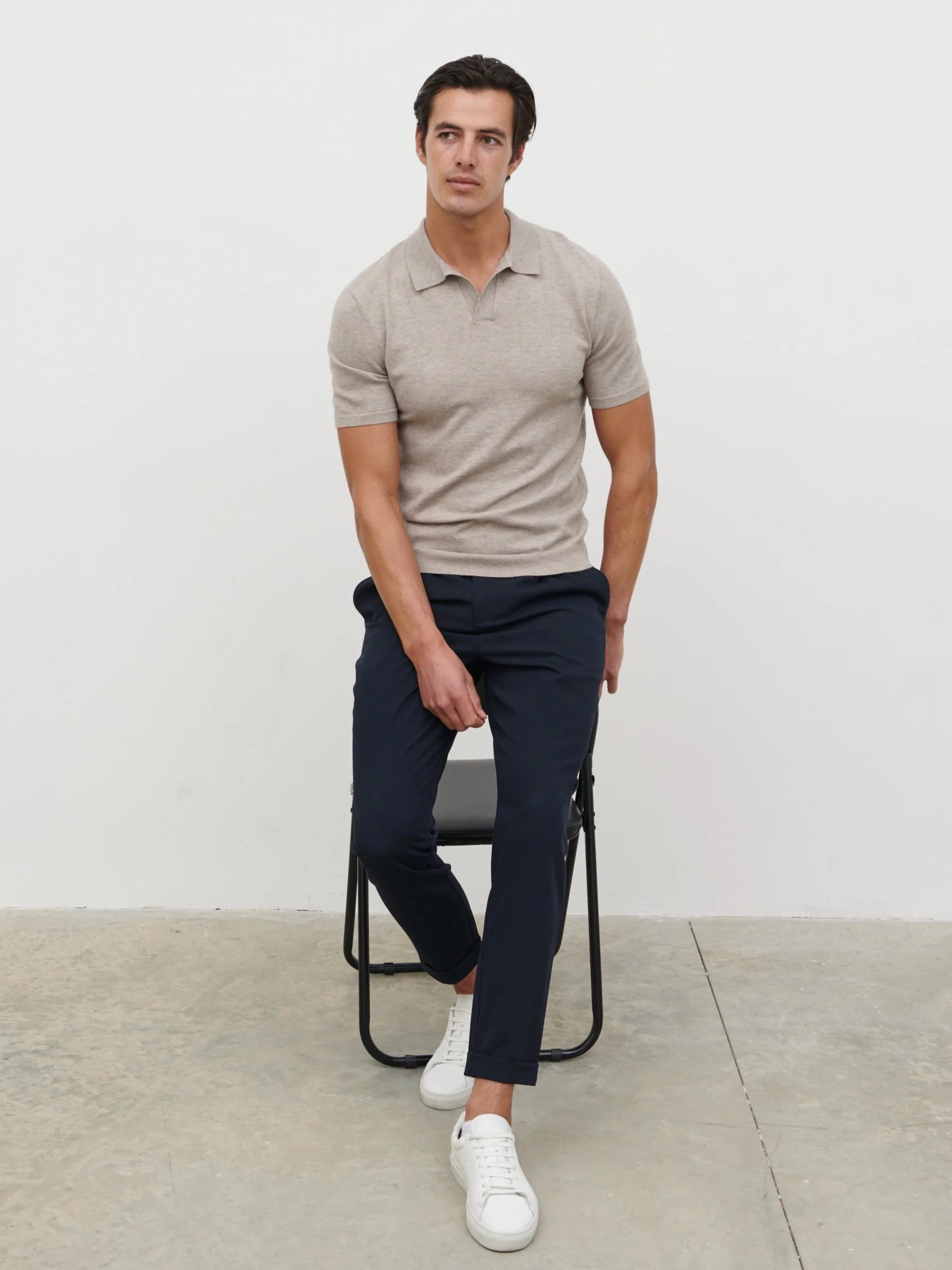 Matthew Open Collar Lightweight Knit Polo - Mushroom - Image 5