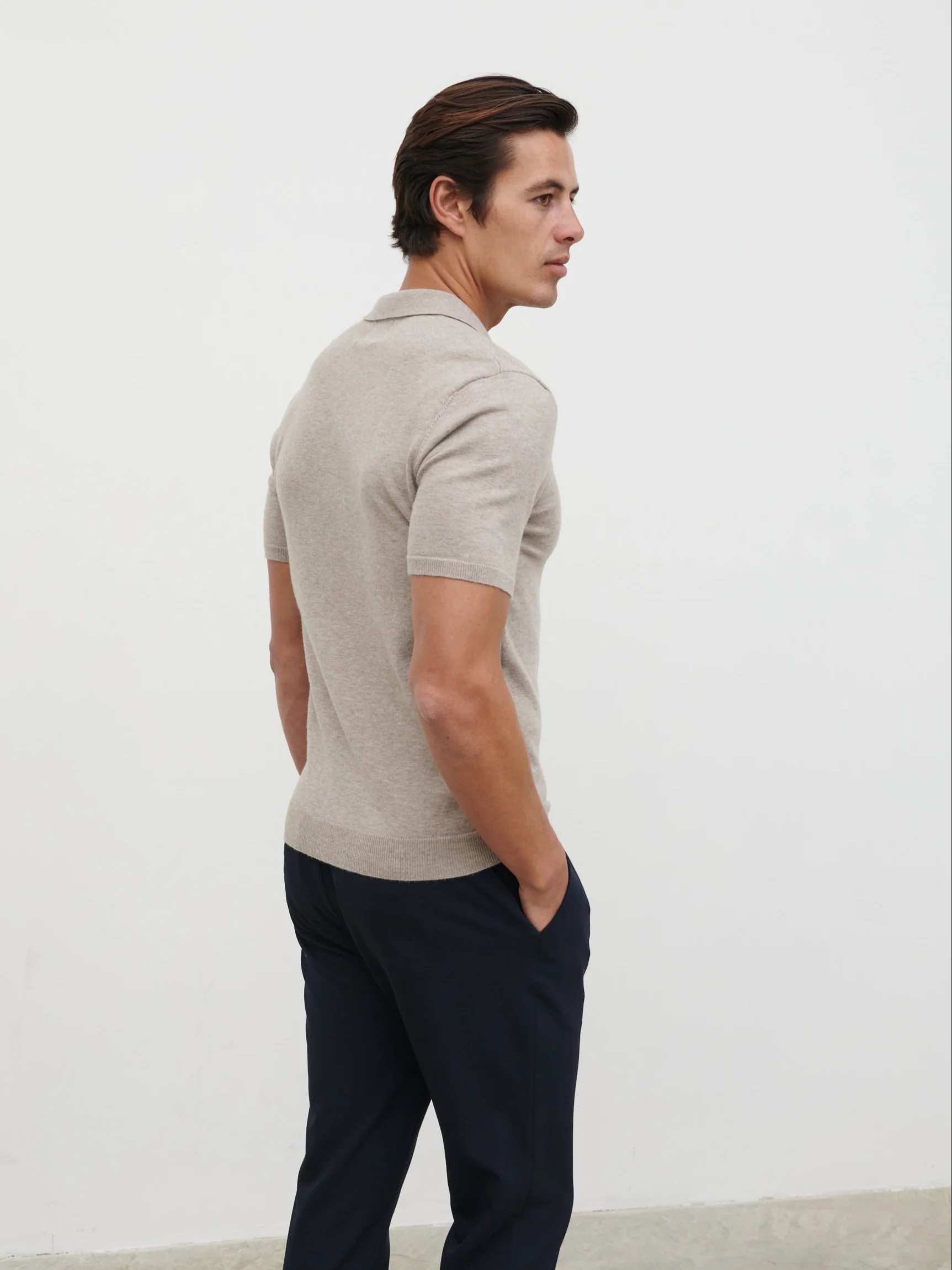 Matthew Open Collar Lightweight Knit Polo - Mushroom - Image 7