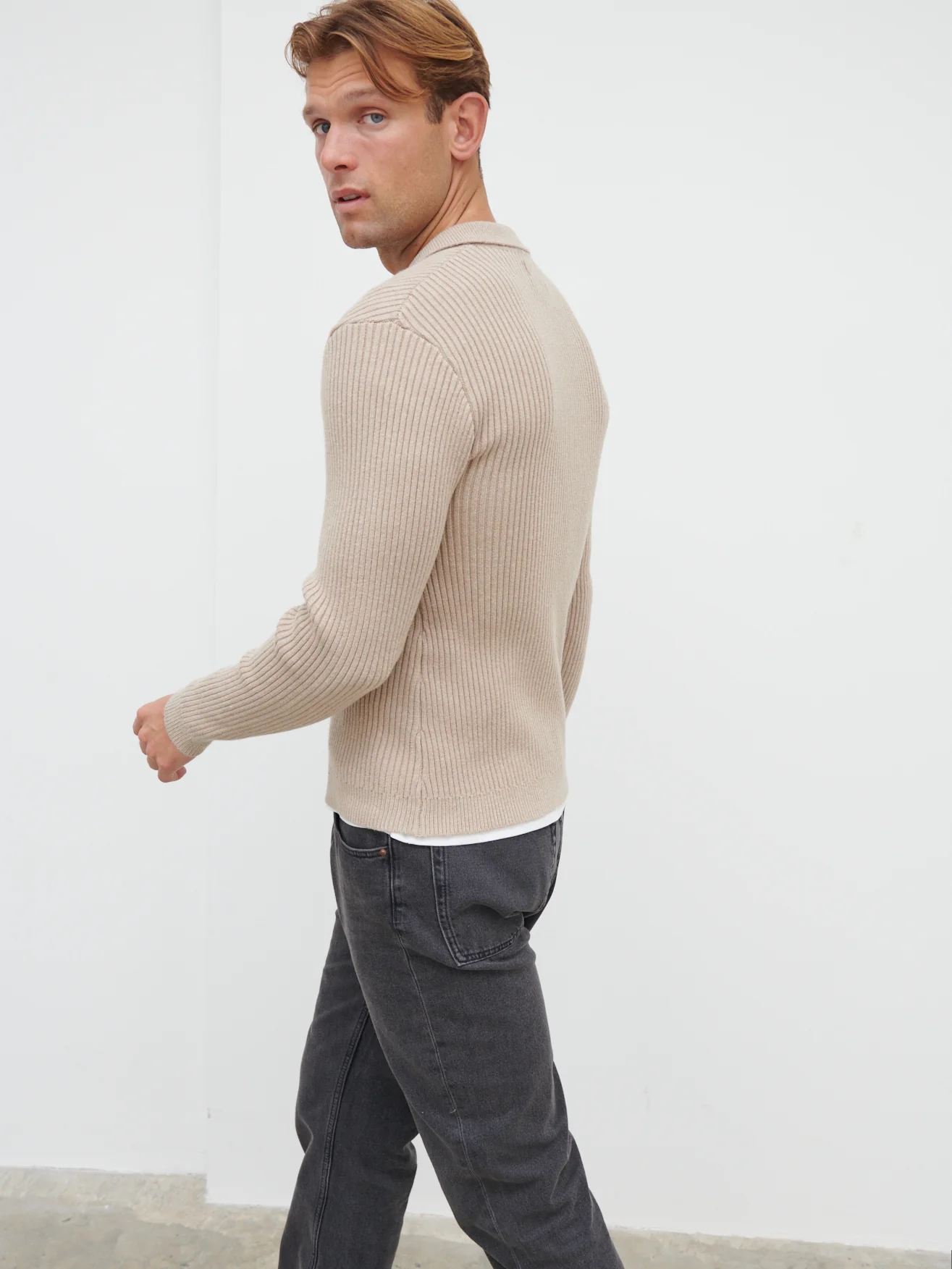 Maxwell Ribbed Knit Long Sleeve Polo - Beige Marl - Image 3