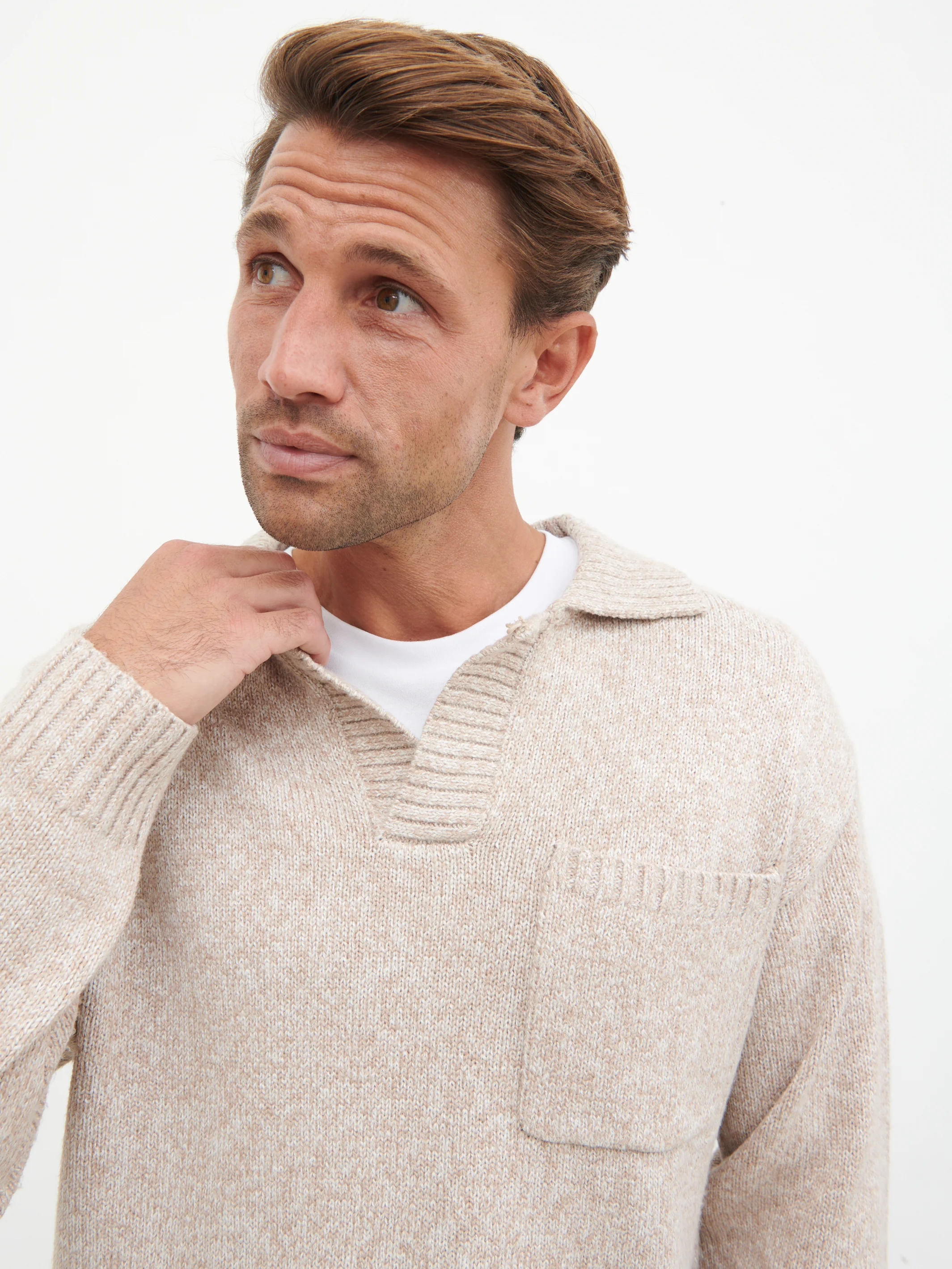 Maynard Pocket Detail Knit Jumper - Light Beige Marl - Image 3