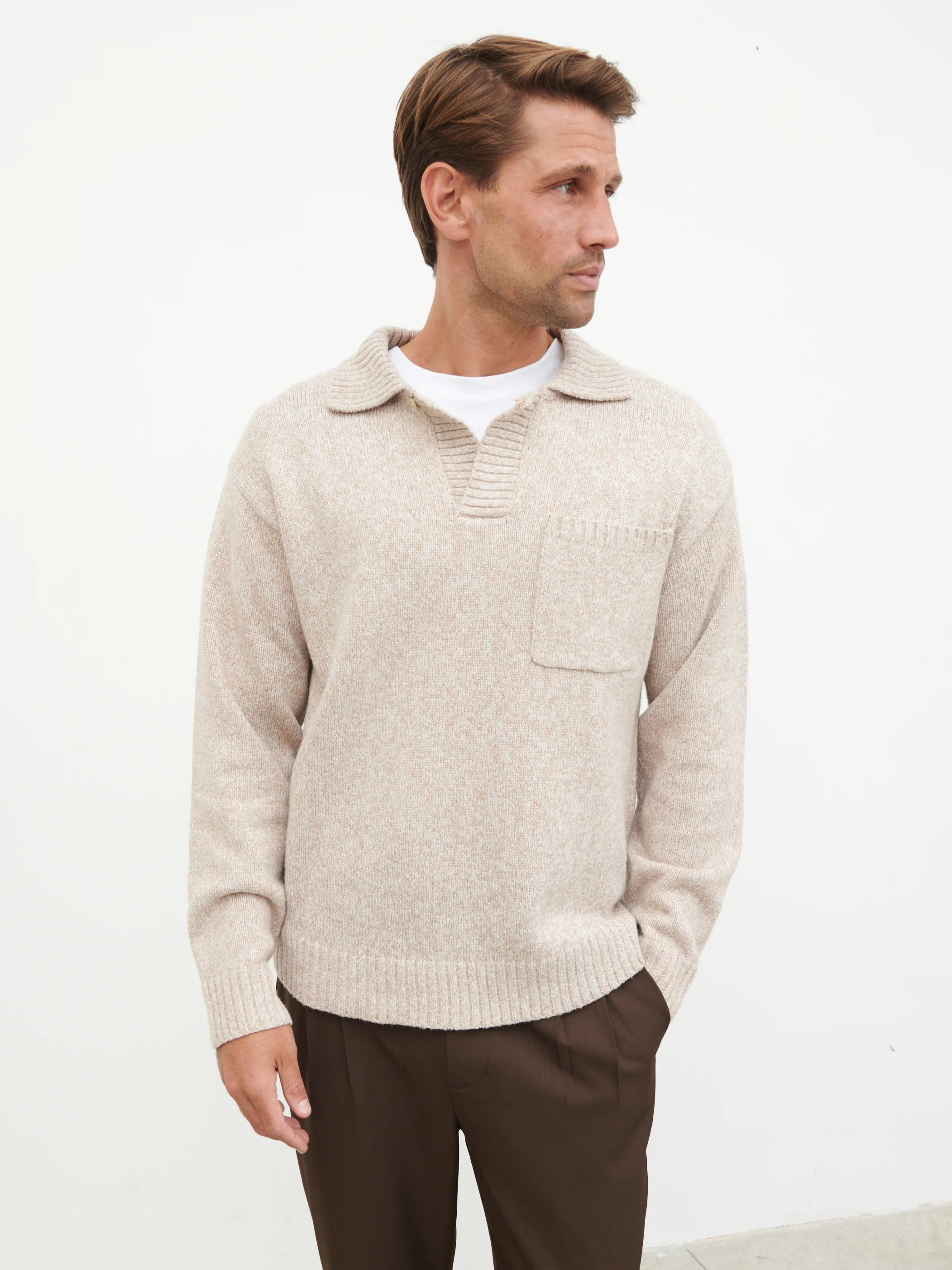 Maynard Pocket Detail Knit Jumper - Light Beige Marl - Image 6