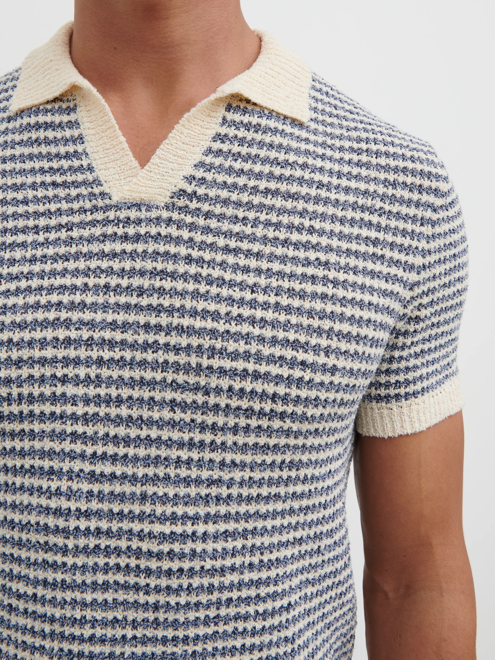 Myles Stripe Crochet Knit Polo - Blue & Cream - Image 3