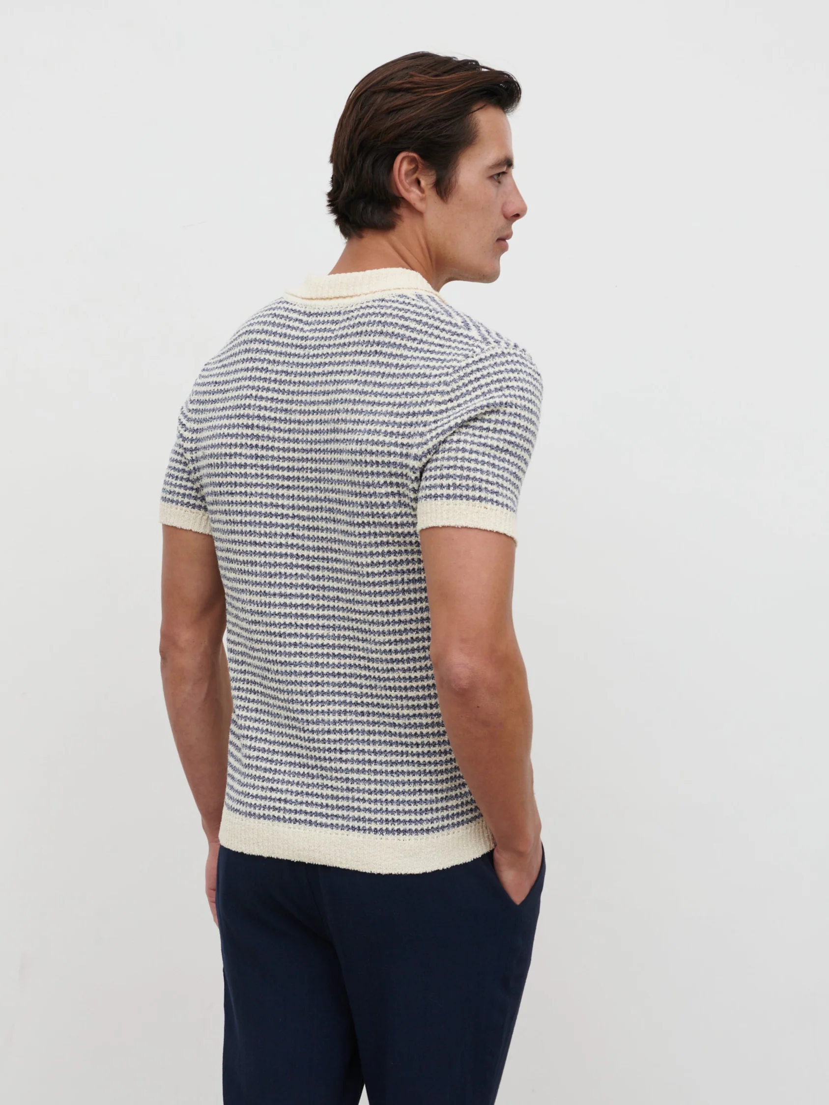 Myles Stripe Crochet Knit Polo - Blue & Cream - Image 4