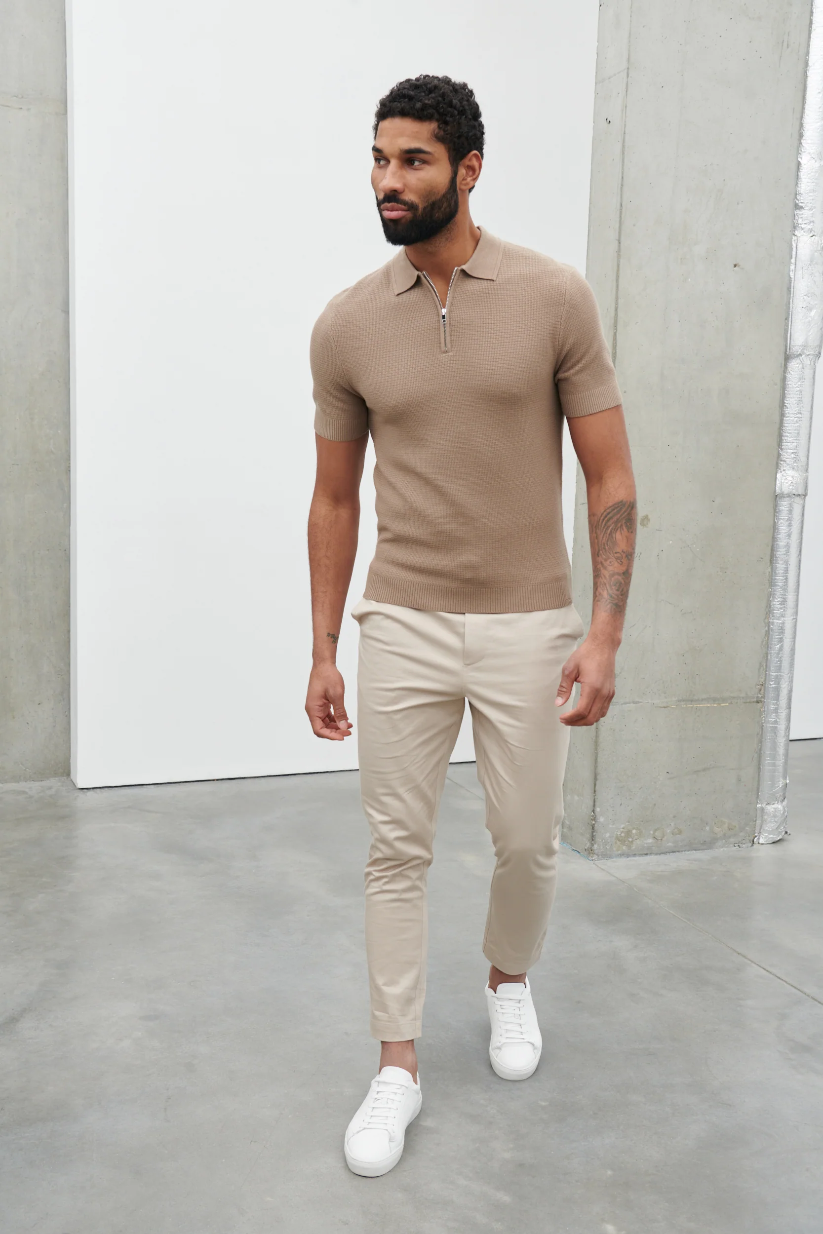 Nolan Textured Zip Polo - Taupe - Image 3