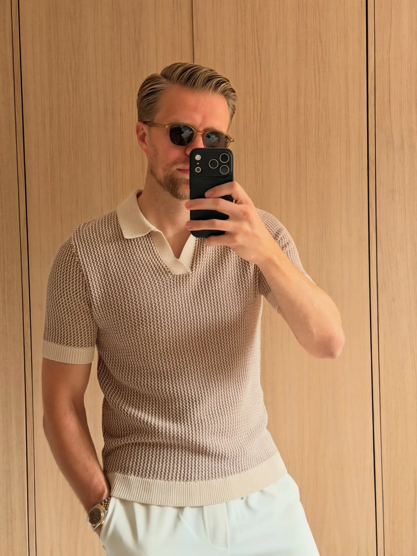 Orian Textured Stripe Knit Polo - Brown and Taupe - Image 2