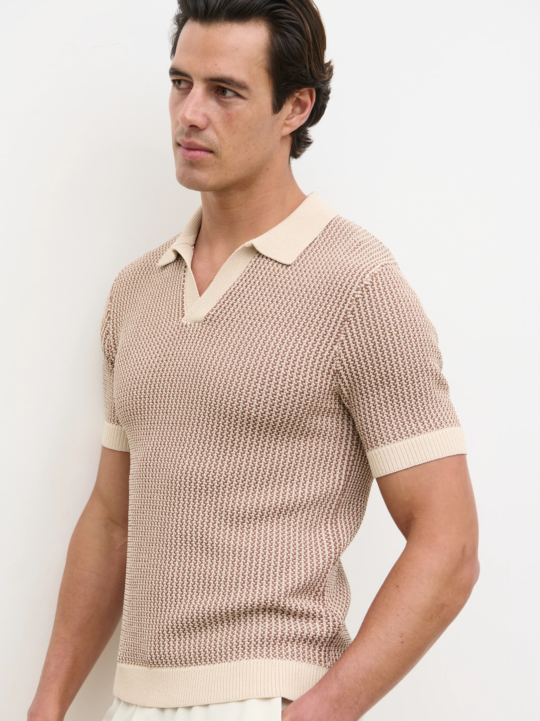 Orian Textured Stripe Knit Polo - Brown and Taupe - Image 3