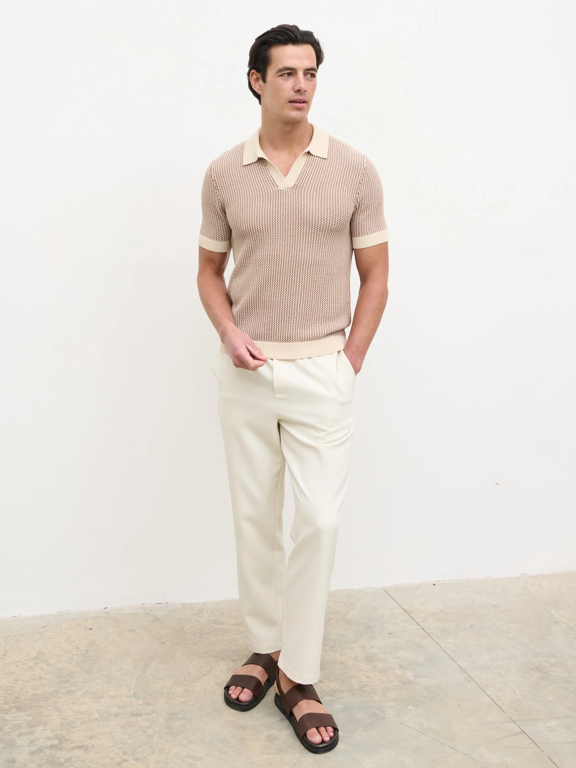 Orian Textured Stripe Knit Polo - Brown and Taupe - Image 4